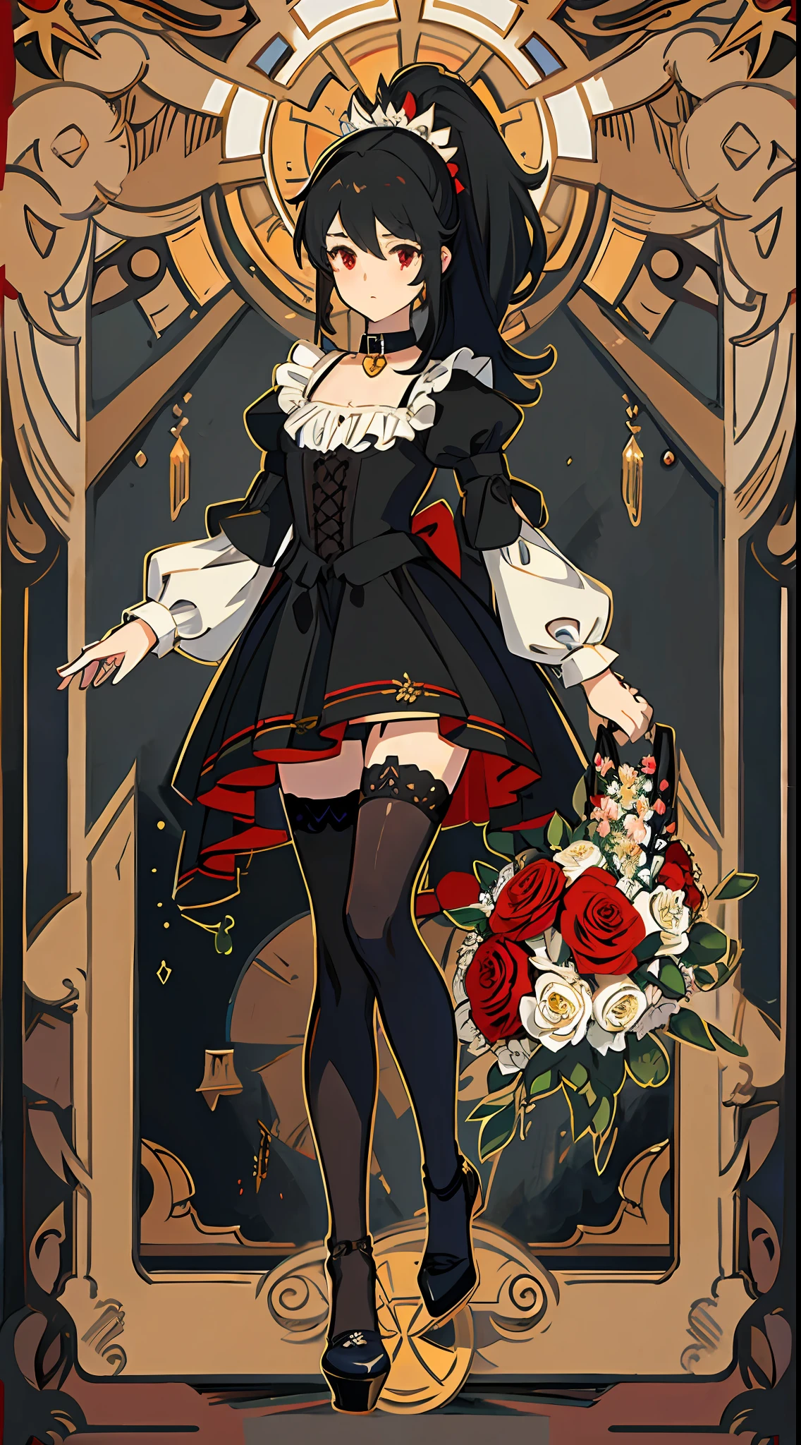 (Victorian style: 1.2, British background, city, high picture quality, beautiful girl, melancholy, cold outside and hot inside, long black hair, high ponytail: 1.1, black clothing, black stockings, collar, bow, red pupils, cat-like pupils, flower decoration on hair ring, elegant + beautiful: 1.2, high heels, delicate face, full body portrait, hair between eyes)