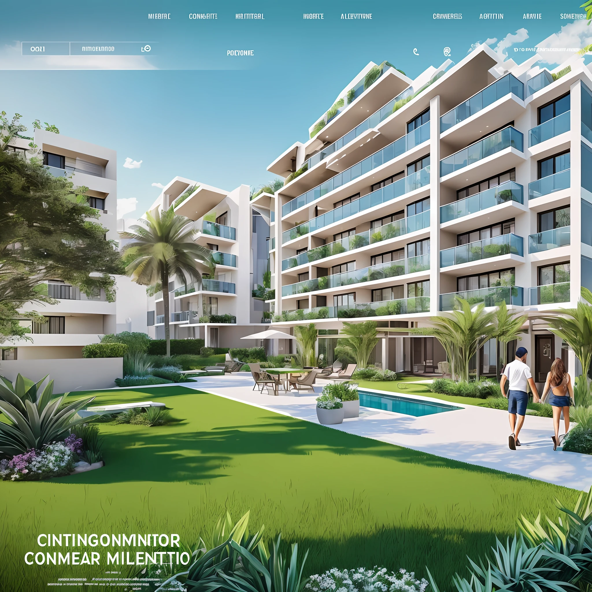 Create a captivating image for the homepage of a condo management website, featuring a contemporary condo building with people, children, pets, lush greenery, and cozy lighting to evoke a sense of comfort and community. Landscape format --auto --s2