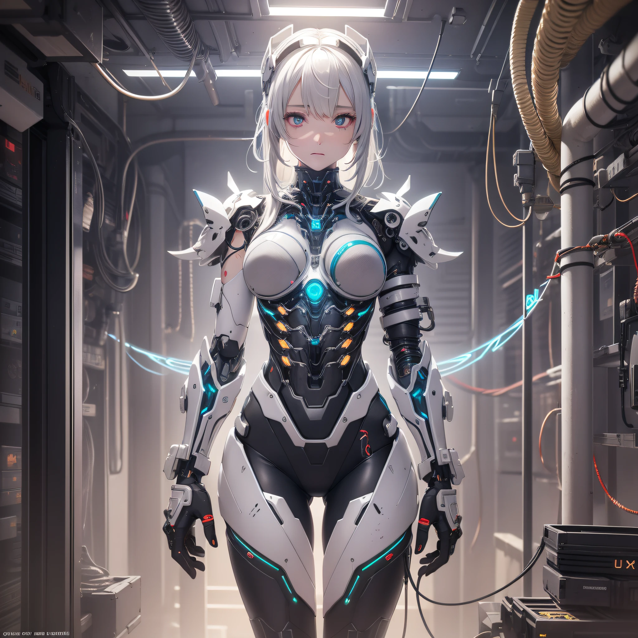 Wears complex bioluminescent mechanical cyborg armor made of 1mechanical_girl (old plastic in white beige), ((Ultra-realistic details)), detailed_face, global_illumination, shadow, octane_render, 8k, ultra_sharp, metal, ornaments_ detailed、cold_colors、egypician_detail、highly_intricate_details、realistic_light、trending_on_cgsociety、glowing_eyes、facing_camera、neon_details、machanical_limbs、blood_ vessels_connected_to_tubes, ((lot_wires_and_cables_connecting_to_head_and_body)), killing_machine, extremely_sexy, Lust,,Full body, Afflicted