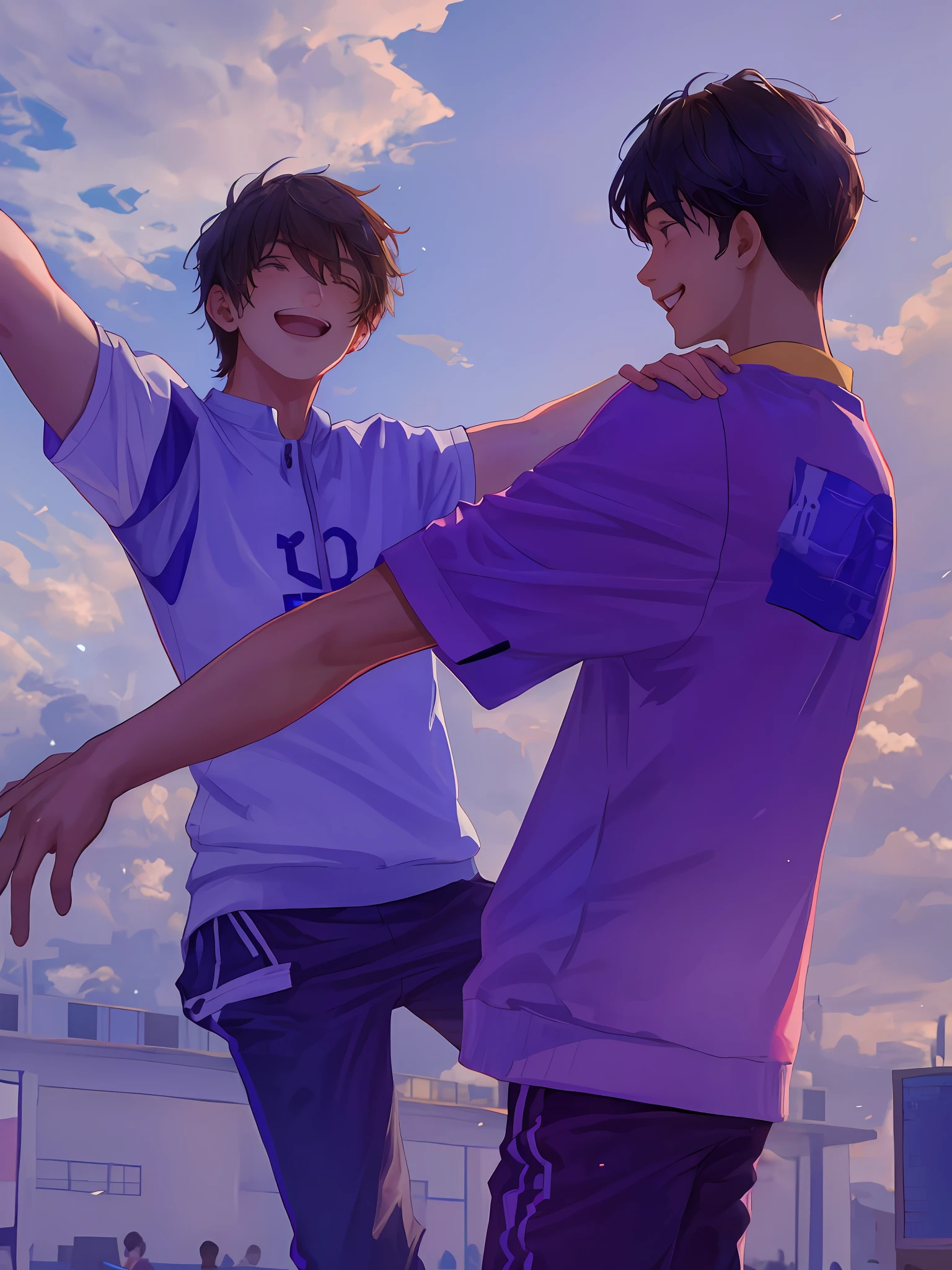 Two male students, happy smiles, student heads, cheering, wearing school uniforms, clouds and distant schools, reaching out and hugging