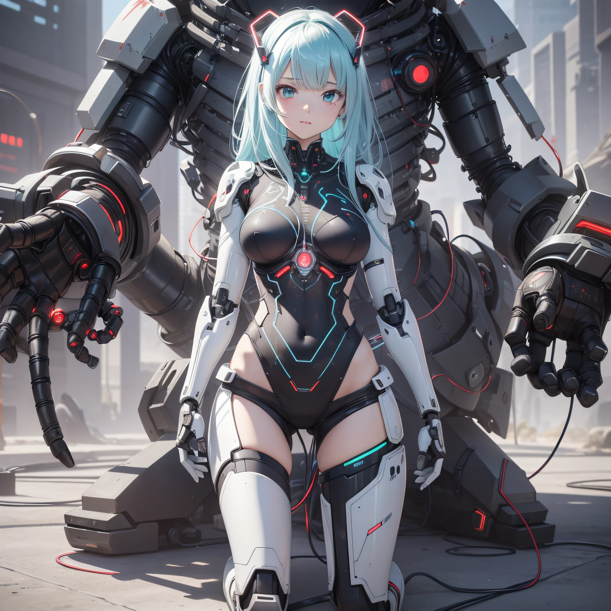 Wears complex bioluminescent mechanical cyborg armor made of 1mechanical_girl (old plastic in white beige), ((Ultra-realistic details)), detailed_face, global_illumination, shadow, octane_render, 8k, ultra_sharp, metal, ornaments_ detailed、cold_colors、egypician_detail、highly_intricate_details、realistic_light、trending_on_cgsociety、glowing_eyes、facing_camera、neon_details、machanical_limbs、blood_ vessels_connected_to_tubes, ((lot_wires_and_cables_connecting_to_head_and_body)), killing_machine, extremely_sexy, Lust,,Full body, Afflicted
