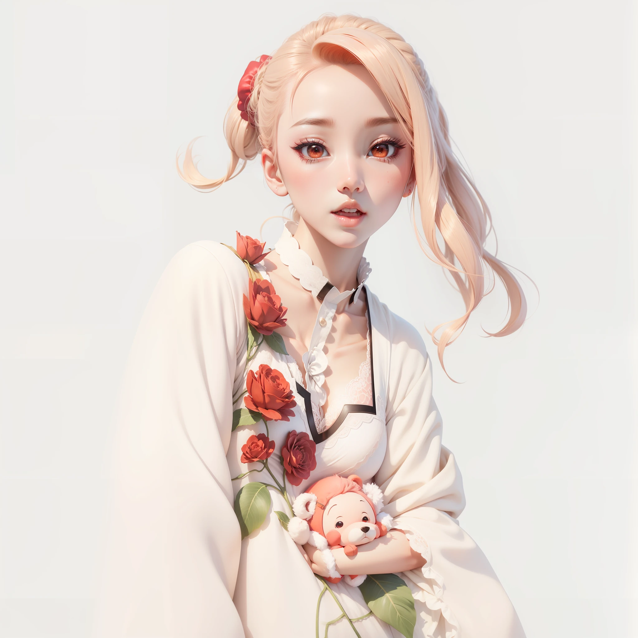 Kaiqi Xue realistic cute anime style lace Disney style 3D red costume sexy gradient background color big breasts holding doll bear