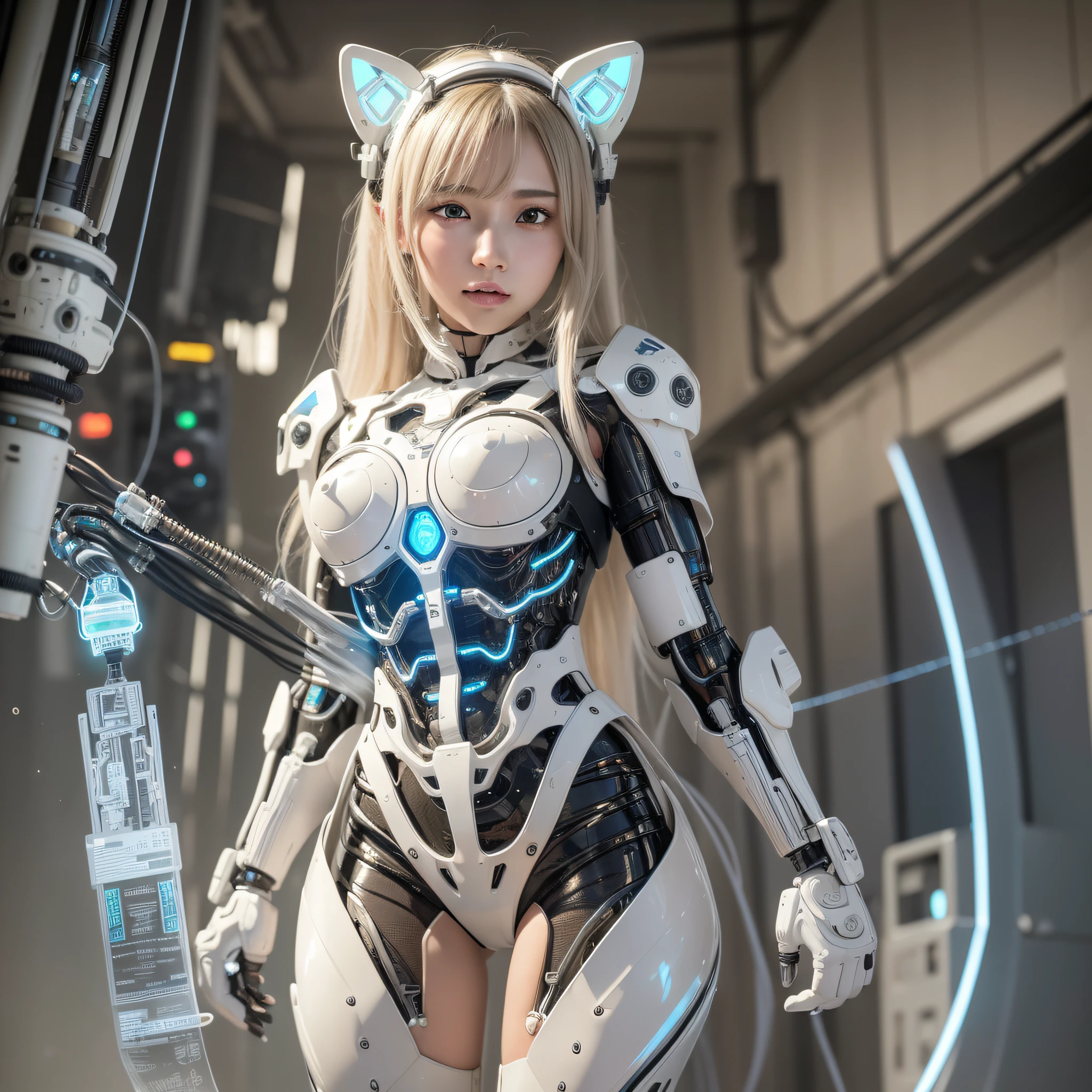 Wears complex bioluminescent mechanical cyborg armor made of 1mechanical_girl (old plastic in white beige), ((Ultra-realistic details)), detailed_face, global_illumination, shadow, octane_render, 8k, ultra_sharp, metal, ornaments_ detailed、cold_colors、egypician_detail、highly_intricate_details、realistic_light、trending_on_cgsociety、glowing_eyes、facing_camera、neon_details、machanical_limbs、blood_ vessels_connected_to_tubes, ((lot_wires_and_cables_connecting_to_head_and_body)), killing_machine, extremely_sexy, Lust,,Full body, Afflicted