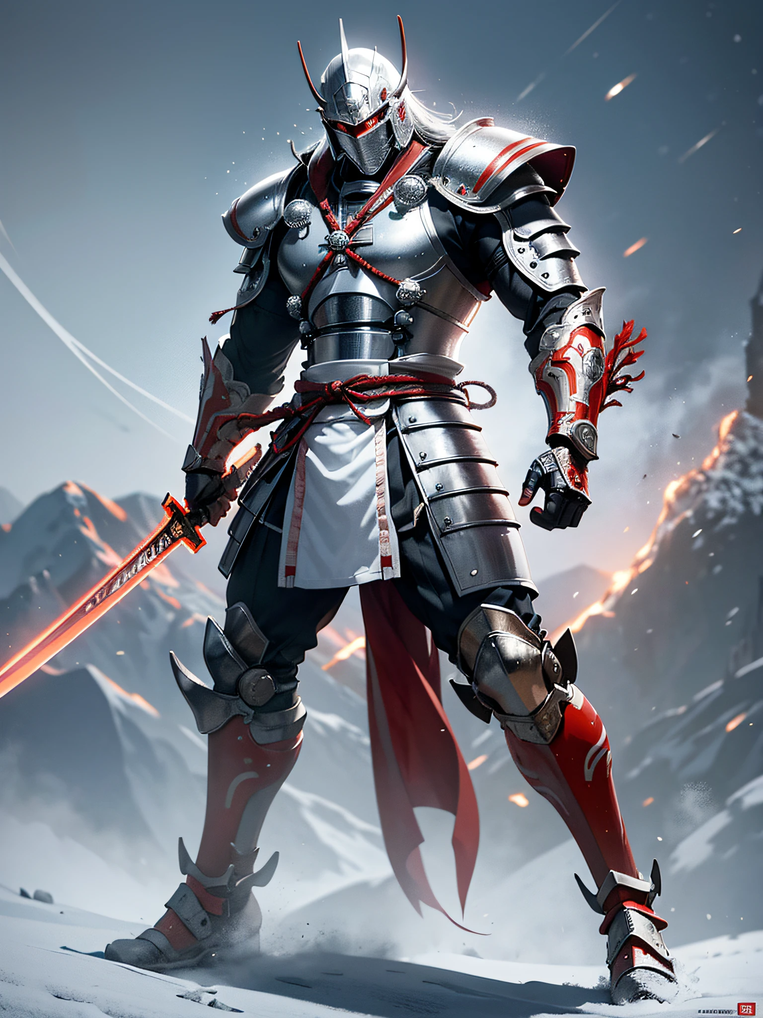 Full body shot of a man in samurai armor holding a giant sword in the snow, cyborg samurai, cyberpunk samurai, at dawn, inspired by Kanō Hōgai, inspired by Kanō Sansetsu, inspired by Ryūsei Kishida, japanese warrior, bio - mechanical ninja samurai, epic samurai warrior, colossal, cyborg ninja, inspired by Kanō Sanraku, cinematic, masterpiece, hd, photorealistic, giant and muscular, white and red armor, specular light, shintoism, by Mike Deodato, dark souls, final boss, movie poster