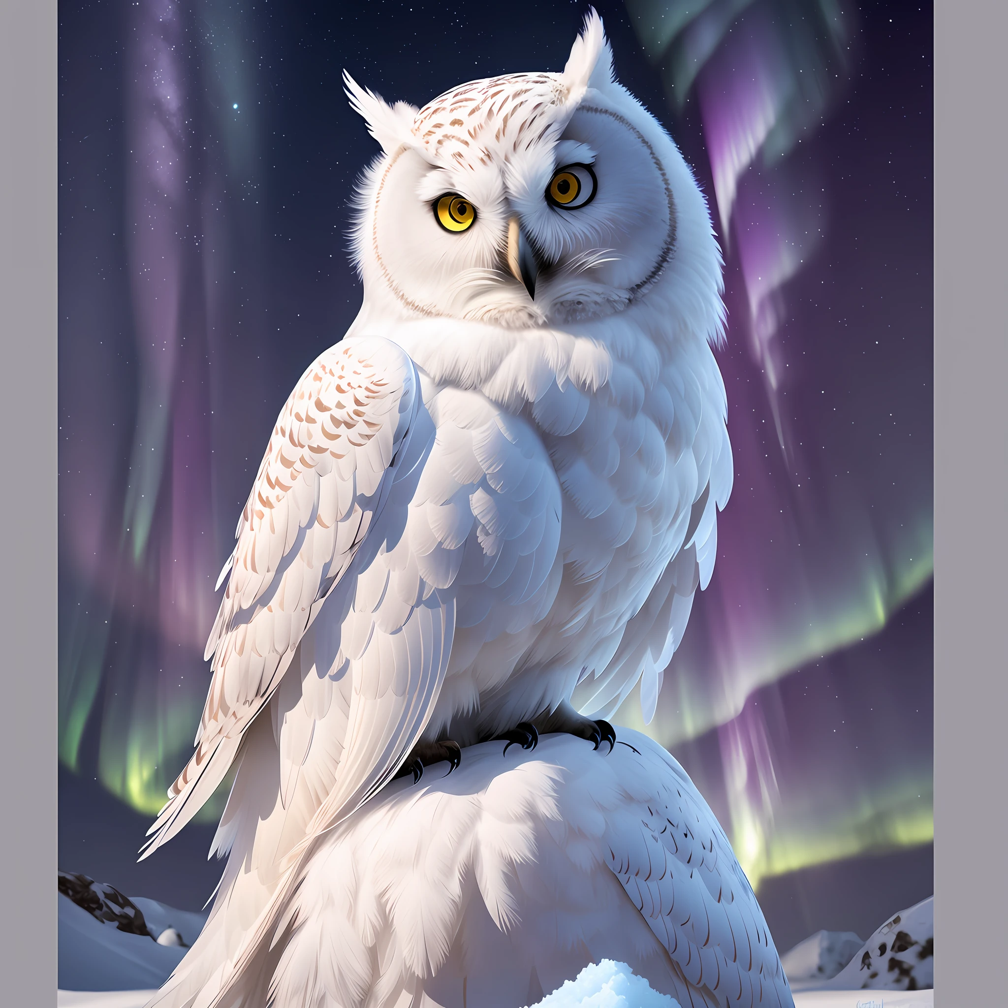 arctic owl sitting on a rock and in the background the snow-capped rocky mountains with aurora borealis lights, bright white owl, radiant owl, beautiful digital art, bright owl, inspired by Bob Eggleton, the wisest of all owls, hyperrealistic owl, epic 3D illustrations, bright white eyes, behance fantasy art, realistic photo, 32k,  Ultra Detailed, Hyper Sharp, Digital Art Animal Photo, Icy White Eyes