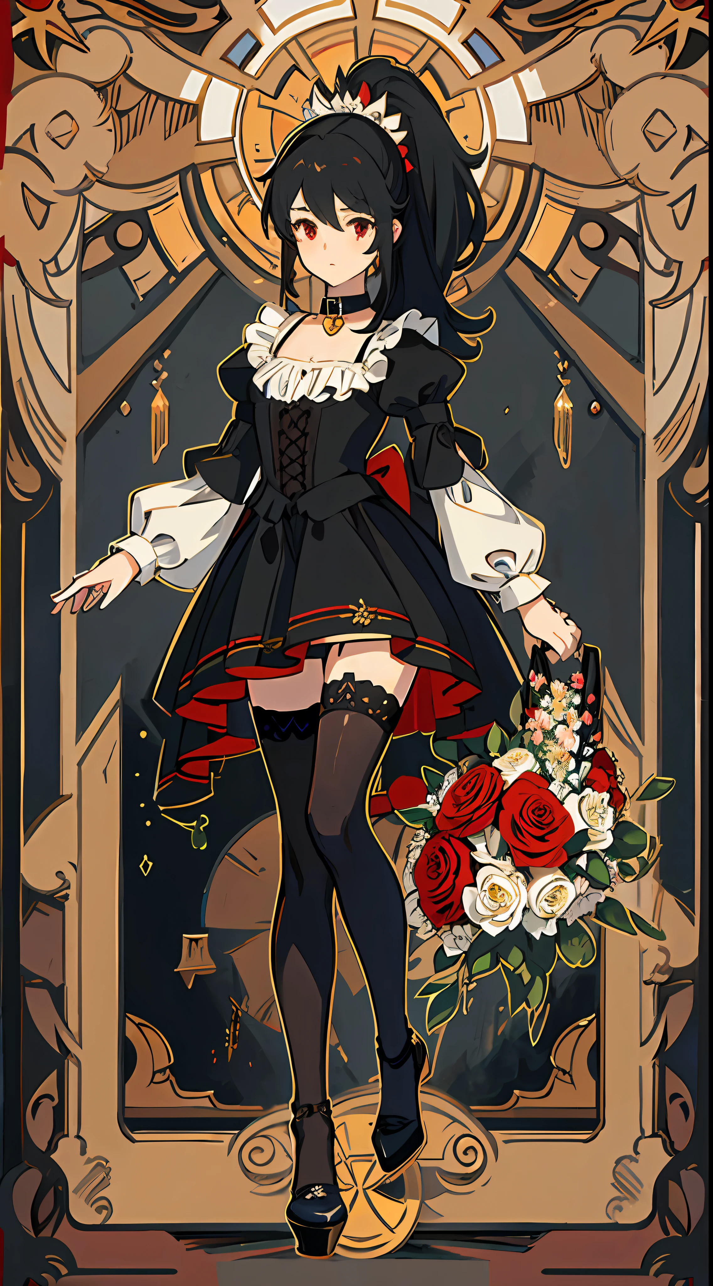 (Victorian style: 1.2, British background, city, high picture quality, beautiful girl, melancholy, cold outside and hot inside, long black hair, high ponytail: 1.1, black clothing, black stockings, collar, bow, red pupils, cat-like pupils, flower decoration on hair ring, elegant + beautiful: 1.2, high heels, delicate face, full body portrait, hair between eyes)