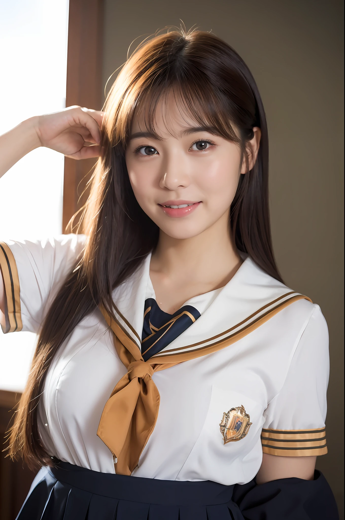 (Best quality, 8k, 32k, Masterpiece, UHD1.3), japanese young girl with big, 1girl, realistic,(breasts:1.4), embarrassed, (smile:1.2),blush, open clothes, open shirt, brown eyes, japanese, curvy, ultra-detailed face,