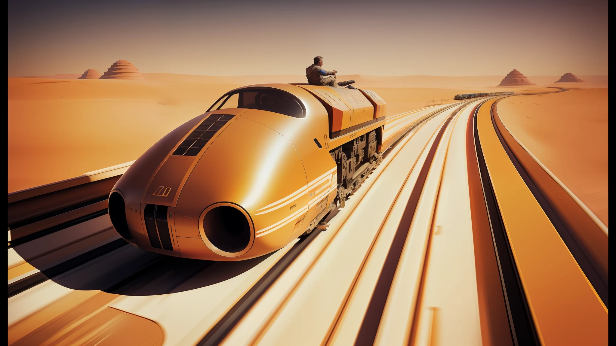 there is a man riding a train on a track in the desert, syd mead and mark brooks, 70mm imax, 2 0 2 1 cinematic 4 k framegrab, kaladesh concept art. mechanical, 2009 cinematography, by David A. Hardy, cute future vehicles, mit technology review, agile, race, elon musk as slimy mollusk