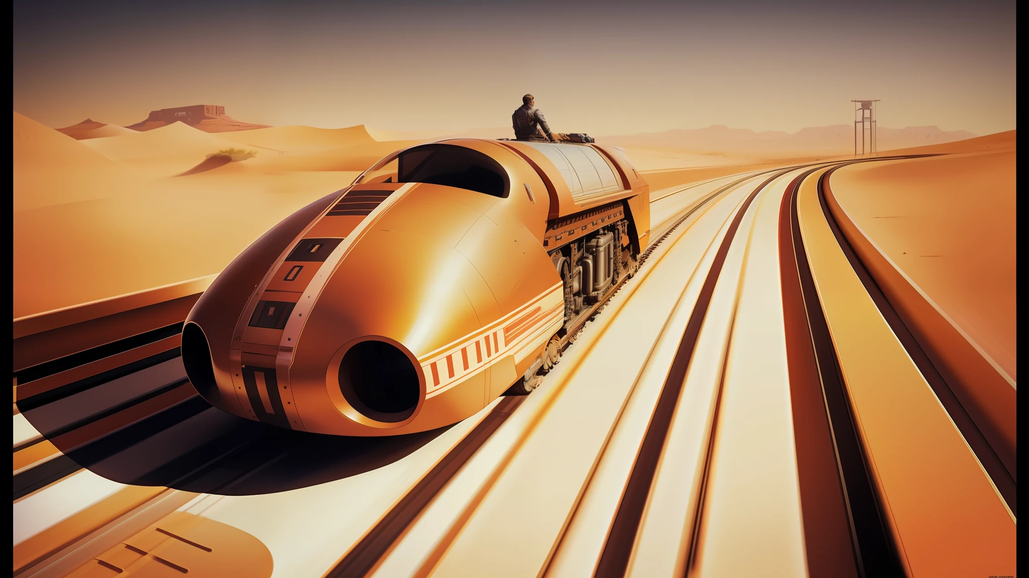 there is a man riding a train on a track in the desert, syd mead and mark brooks, 70mm imax, 2 0 2 1 cinematic 4 k framegrab, kaladesh concept art. mechanical, 2009 cinematography, by David A. Hardy, cute future vehicles, mit technology review, agile, race, elon musk as slimy mollusk