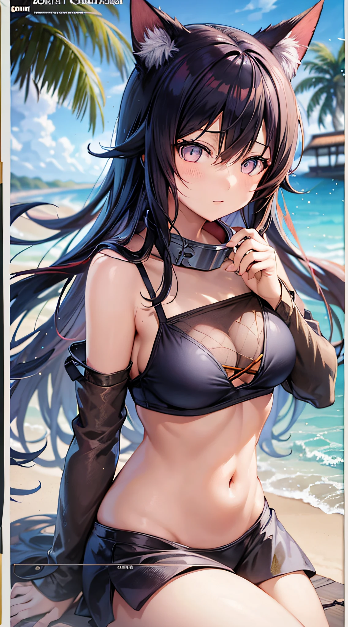 Red bikini anime cat-eared girl sitting on the beach wearing hat, beautiful anime cat-eared girl, Makoto Shinkai and artgerm, charming anime cat-eared girl, (anime girl), Kantai collection style, red bikini,small,Makoto Shinkai art style, beautiful anime cat-eared woman, marine Kitagawa fan art, high quality anime art style, Cute anime girls, 4K manga wallpapers