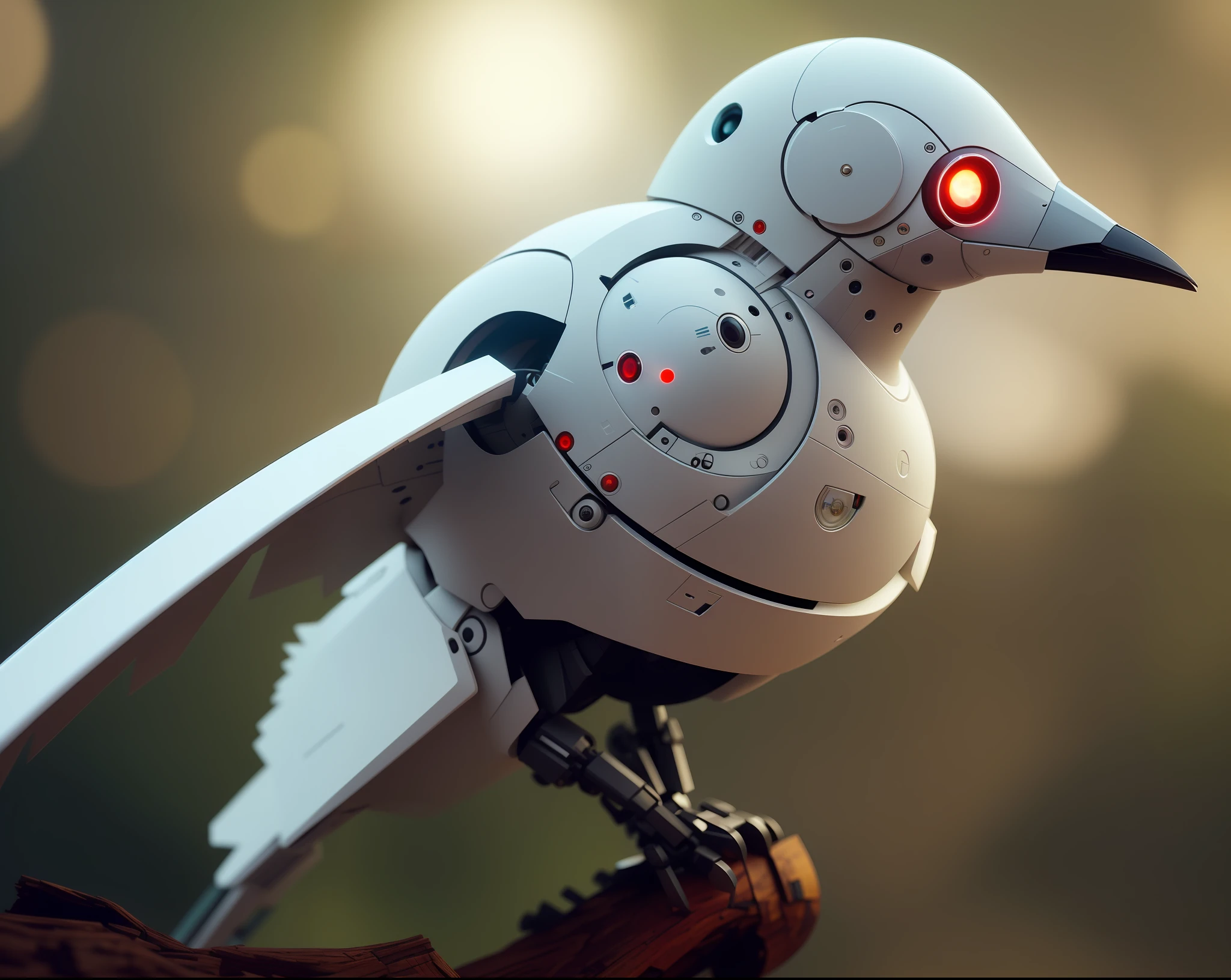 There is a robotic white bird with a red led eye on an old branch, blurred forest in the background, lens flare, robot bird, cute mechanical bird, mechanical bird, a surrealist bird, beautiful digital art, surrealist bird, 4k 3d digital art, detailed 3d digital art, amazing digital art, 3d render digital art, anthropomorphic bird, robot animal, hyperrealistic robot owl