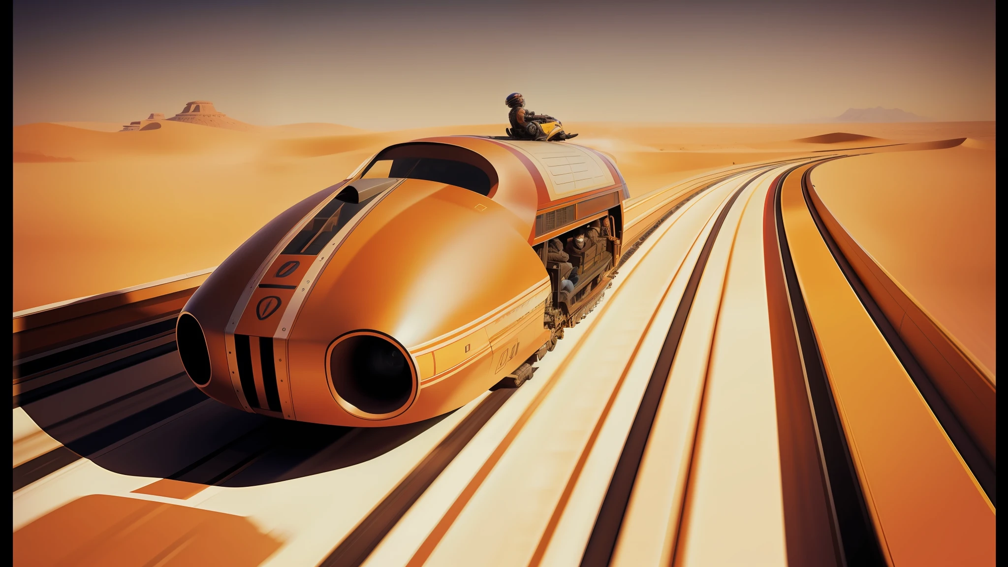 there is a man riding a train on a track in the desert, syd mead and mark brooks, 70mm imax, 2 0 2 1 cinematic 4 k framegrab, kaladesh concept art. mechanical, 2009 cinematography, by David A. Hardy, cute future vehicles, mit technology review, agile, race, elon musk as slimy mollusk