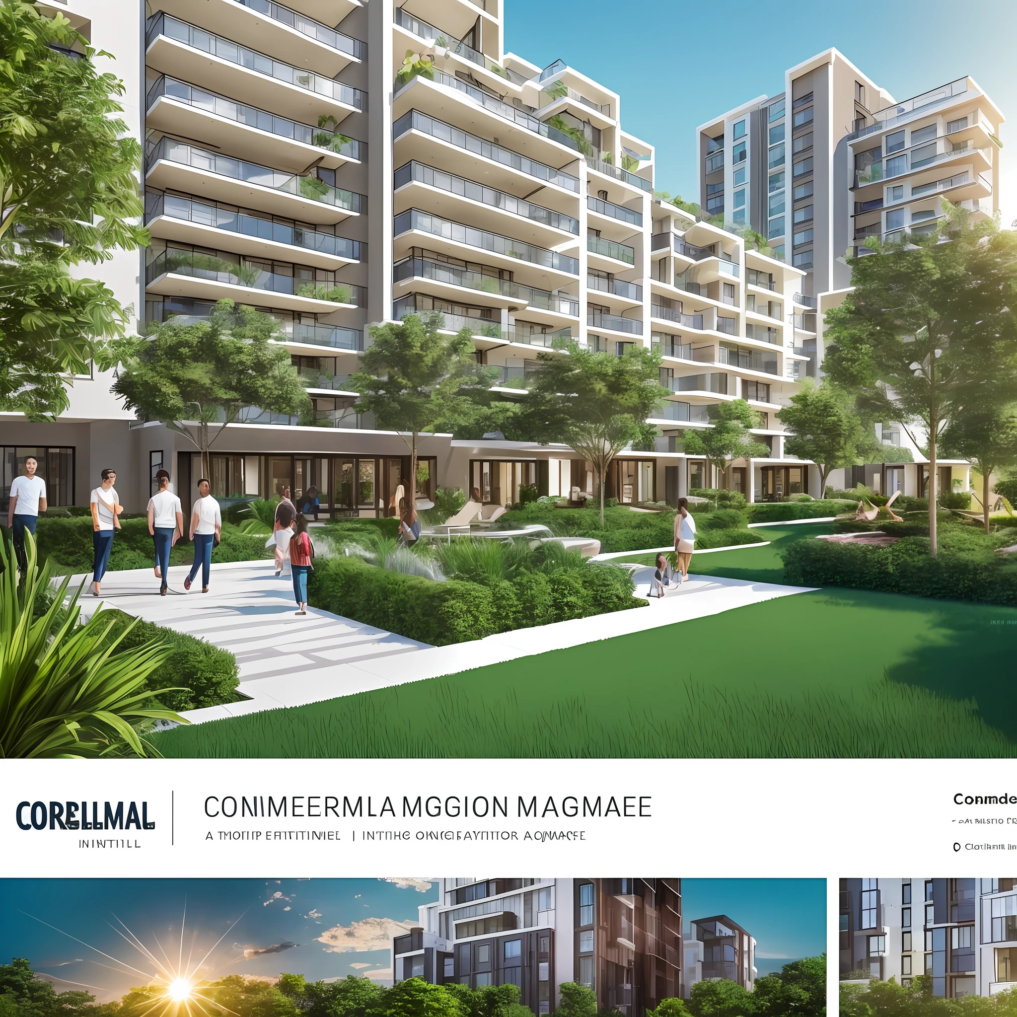 Create a captivating image for the homepage of a condo management website, featuring a contemporary condo building with people, children, pets, lush greenery, and cozy lighting to evoke a sense of comfort and community. Landscape format --auto --s2