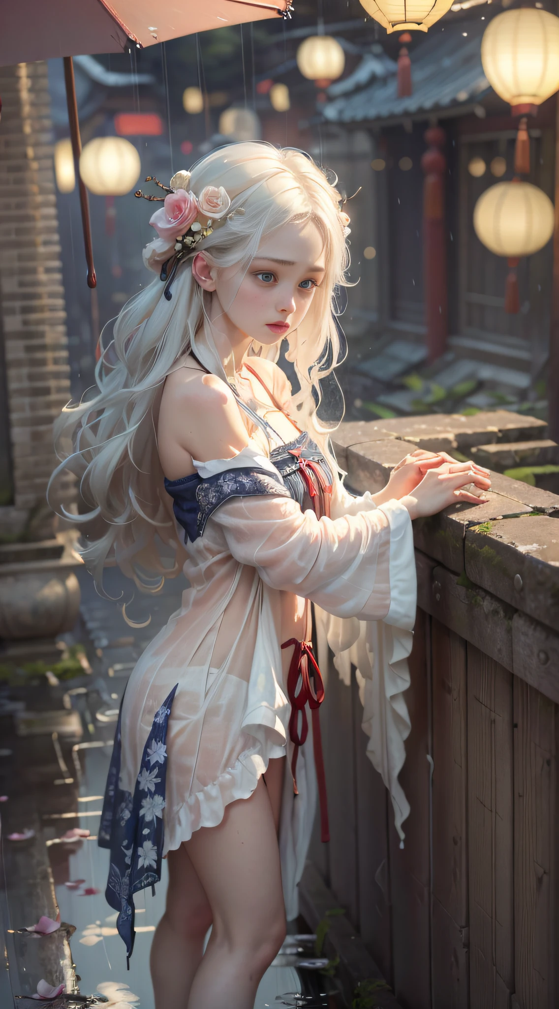 best quality, masterpiece, ultra resolution, (fidelity:1.4), Photos, It's raining, clothes drenched, 1 girl, [(sad)], long white hair, fringed hair ornaments, peony flower hair ornaments, real rain, wet hair, white hanfu, half-off shirt, bare shoulders, bandage bandeau, dim, dark, despair, pity, pity, poor, movie, tears, teardrops, (torn clothes: 1.5), (Wet Clothes: 1.4), Exposed Thighs, Seduction, Sexy, Heavy Rain, Surrealistic Female Portraits by David Hockney and Alphonse Mucha, Fantasy Art, Photo Realism, Dynamic Lighting, Art Station, Poster, Volumetric Lighting, Very Detailed Faces, 4K Wallpaper, Award-Standing, Dynamic Perspective, Ancient Chinese Streets, Early Morning, Rain, Lanterns,
