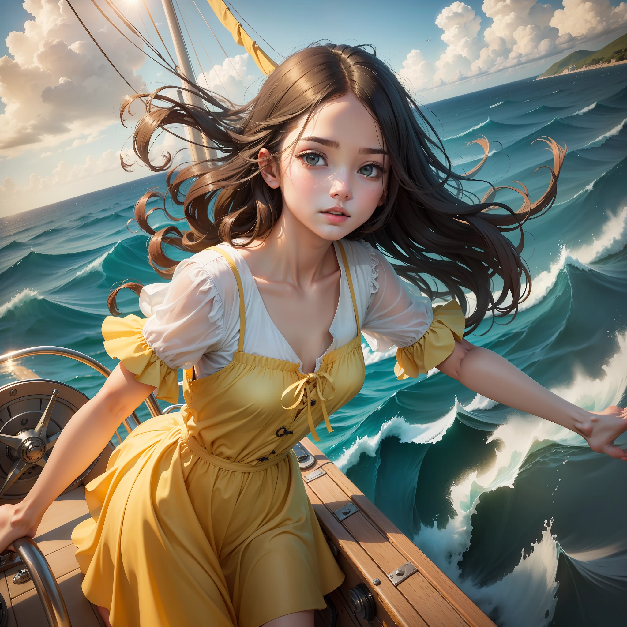 Girl standing in yellow dress and long, piloting a sailboat on the high seas, islands near the bottom, calm sea and sun --auto --s2