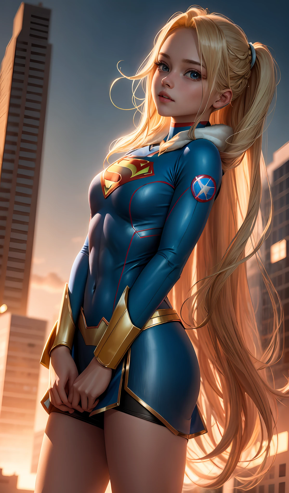 4k, realistic, carismatic, very detail, there is a girl on sky, wearing super girl costum, she is super girl, super hero theme, blonde long hair, 25 years old, full body