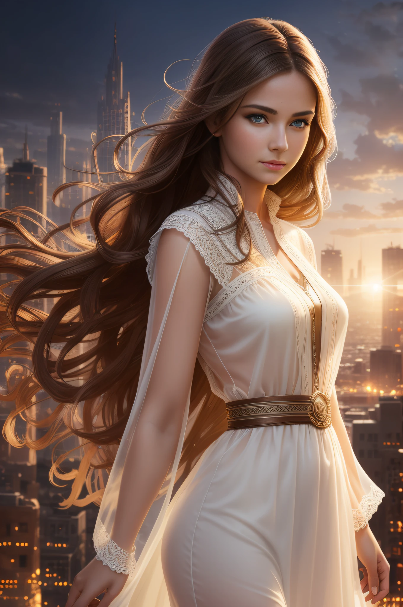 portrait shot, beautiful young woman in transparent western tunic dress, eyes visible through hair, correct eye position, natural skin, backlight, cinematic light, rim light, soft light, hips, night time, city side background, detailed colour correction background, complex, high detail, octane rendering, HD, 8k, by Rolf Armstrong
