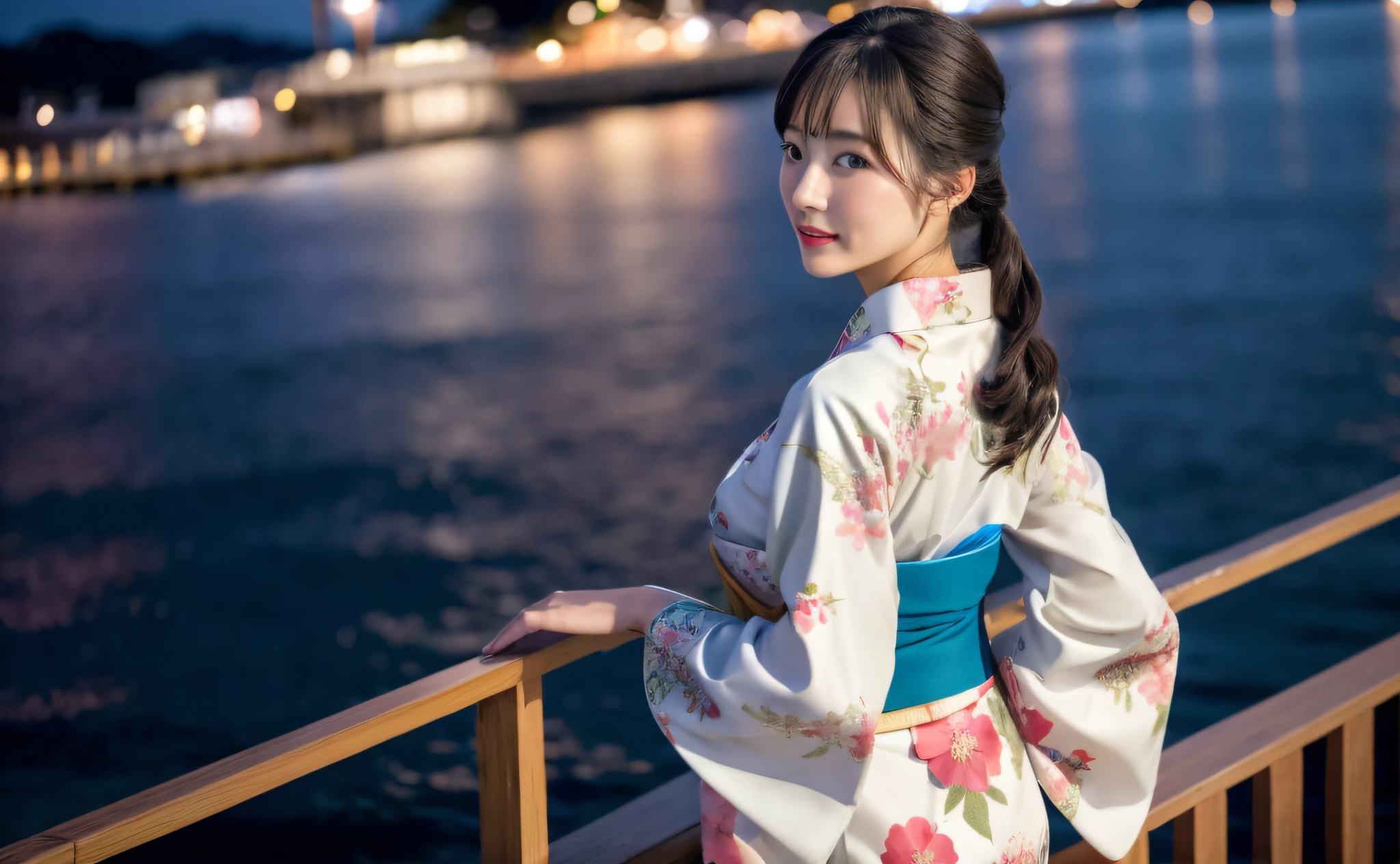 woman in kimono standing on a bridge overlooking a body of water, in kimono, wearing kimono, wearing a kimono, in a kimono, japanese kimono, elegant japanese woman, classy yukata clothing, wearing royal kimono, yukata clothing, wearing a colorful yukata, kimono, japanese woman, wearing a haori, pale and coloured kimono