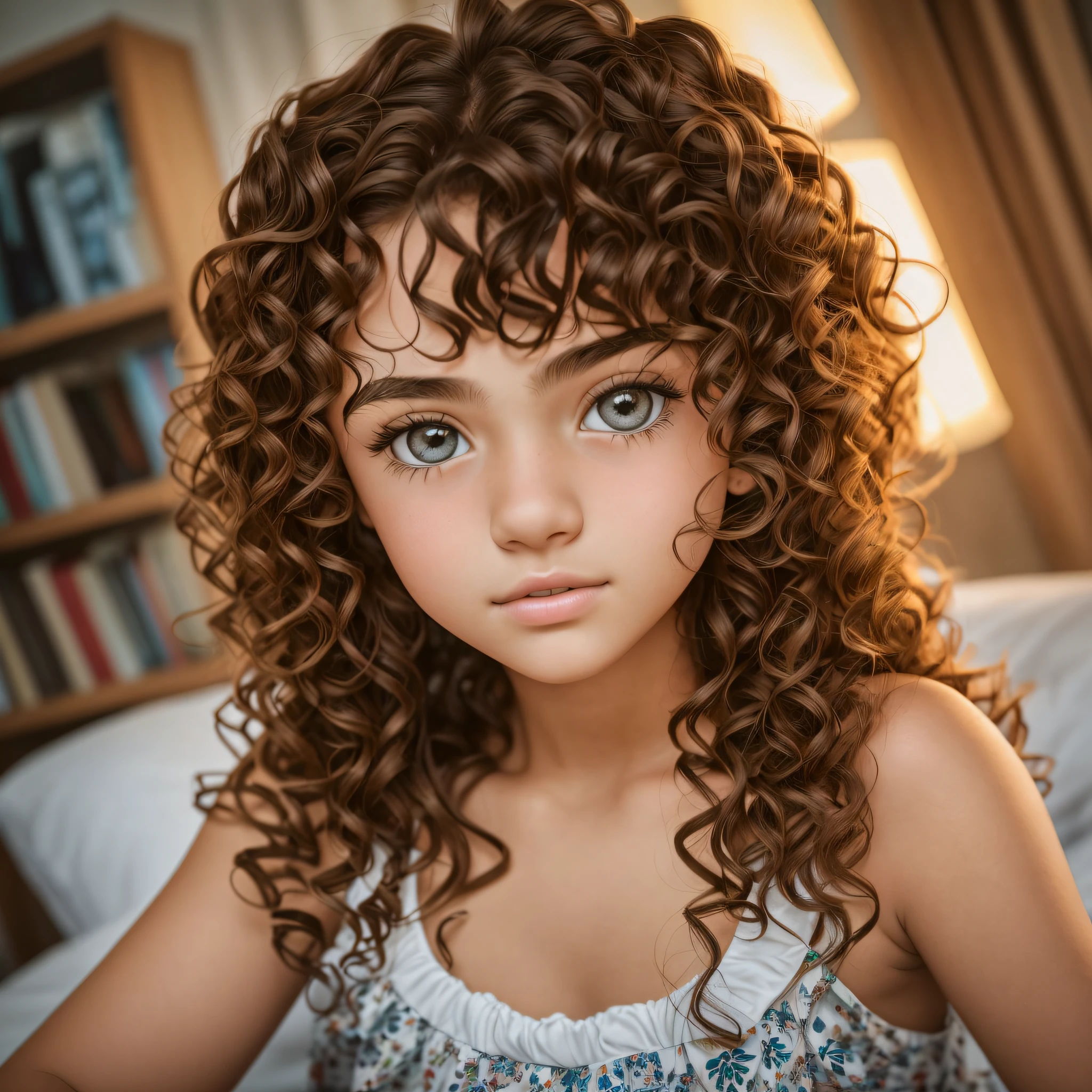 There is a age girl between 14 and 15 yh curly hair and typical clothes of teenager from br, beautiful girl, cute girl, beautiful light big eyes, soft portrait shot 8 K, beautiful huge eyes, well detailed and sinetric girl, cute girl portrait, cute-thin-face portrait, beautiful young girl, brown hair and big eyes, portrait of a beautiful girl, sitting on bed, rectatro bust, hands down, night environment, portrait shot, beautiful portrait, night light in room environment --auto --s2