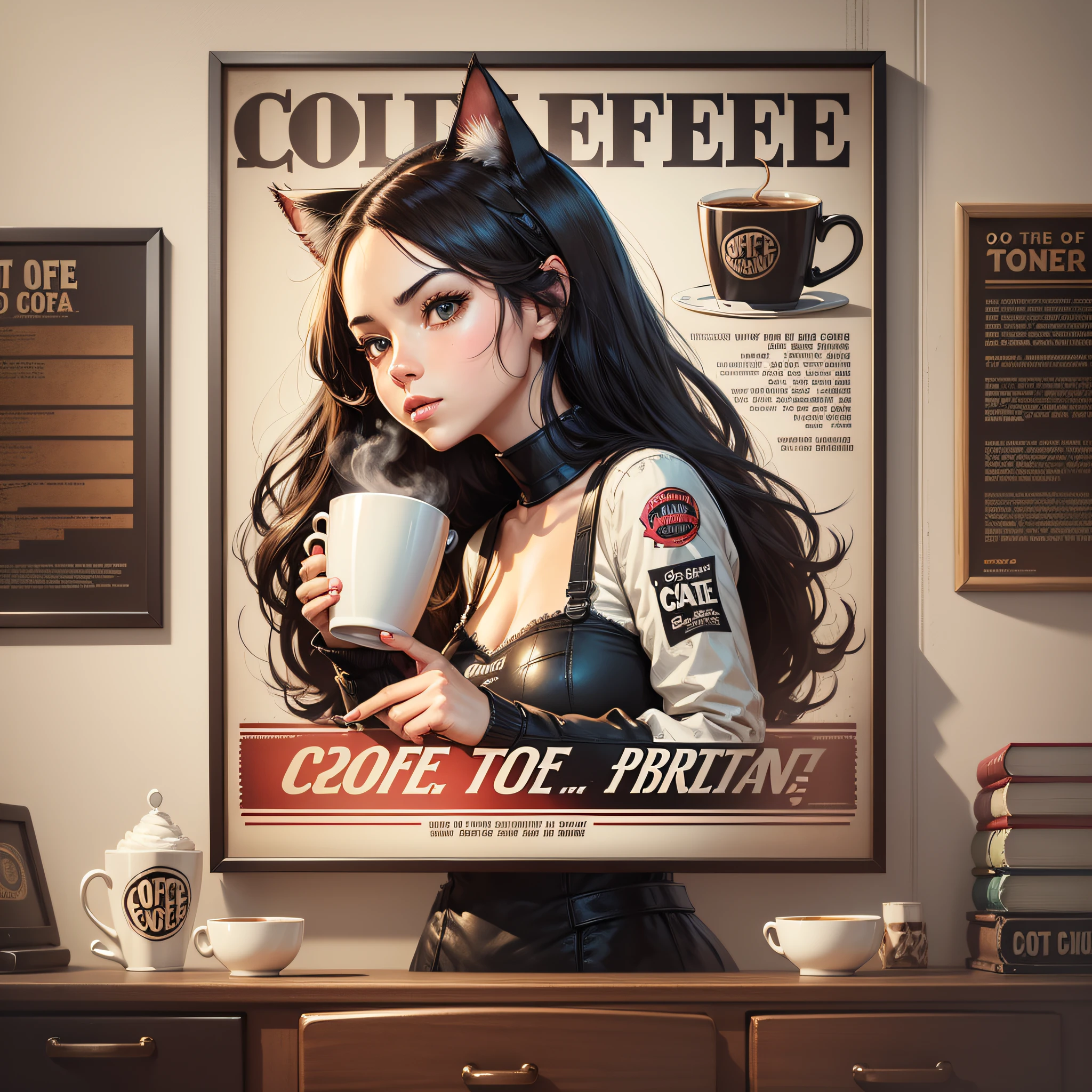 cup of coffee/poster/typography A highly detailed advertising poster, watch anime, pop art, typography, vintage paper, rule of thirds, trend in artstation, comic book store, coffee, girl, cat, --auto --s2