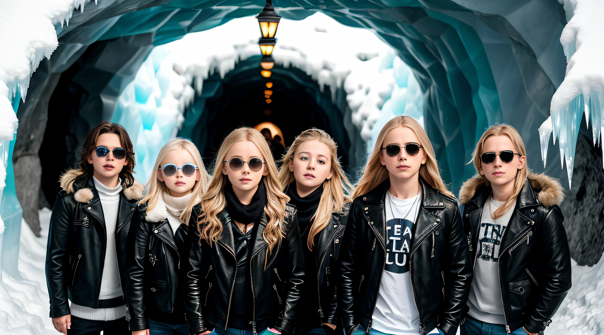 a group of Russian ren, closeup, in leather jacket and black clothing, and sunglasses, with long blonde hair, , There is a tunnel, snow cave, ice cave, in an icy cave, tunnel in winter, glacier, tunnel, in an igloo, ice, large ice dungeon, inside the tunnel, arctic, high-walled tunnel,  tunnels lead to different worlds, light at the end of the tunnel, icy, freezing, ice gate