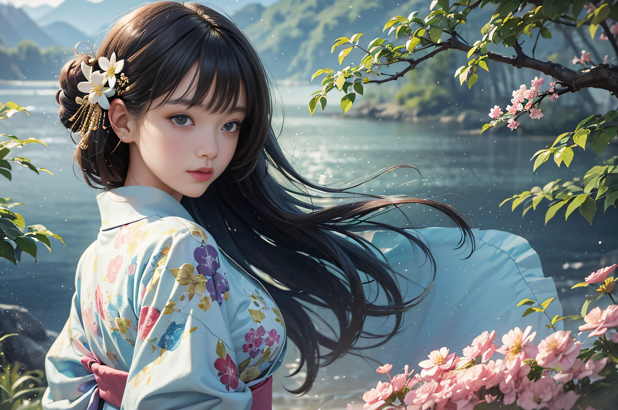 (((Best quality))), (8k, 32k, Masterpiece, UHD:1.2),Photo of Pretty Japanese woman, 1girl, solo, floral kimono, full body, An ultra-high picture quality, lifelike, (Beauty Face 1.4 Maidens), (Medium milk, Constricted waist), Bokeh, Micron, Glossy skin, Head, Natural makeup, from back, starry sky, waterfront --auto --s2