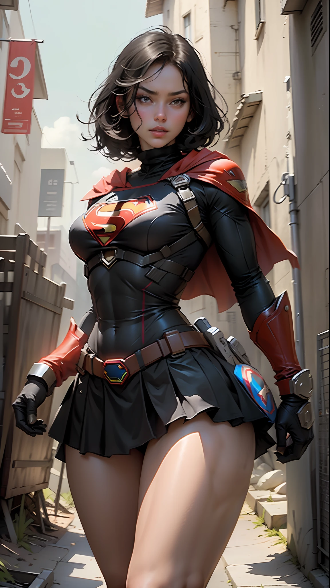 Beautiful woman short black hair defined body big breasts, wearing Supergirl cosplay