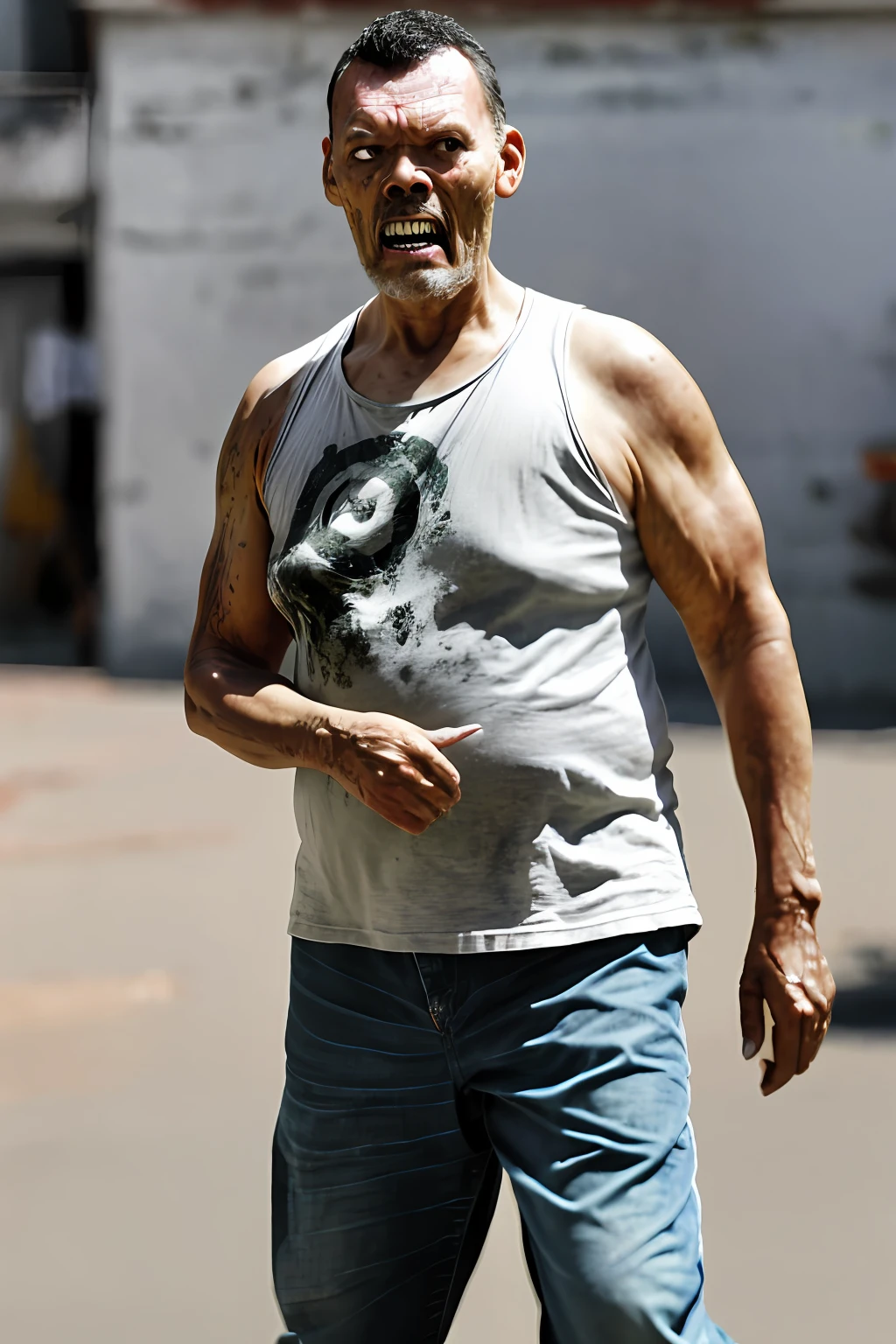 guttonerdvision4,a nervous zombie, (8k, RAW photo, best quality, masterpiece: 1.2), ultra detailed, official art, photo-realistic: 1.37, upper body shot, zombie, the walking dead, face all bruised, arms and legs bruised, clothes torn, grain of film, action pose