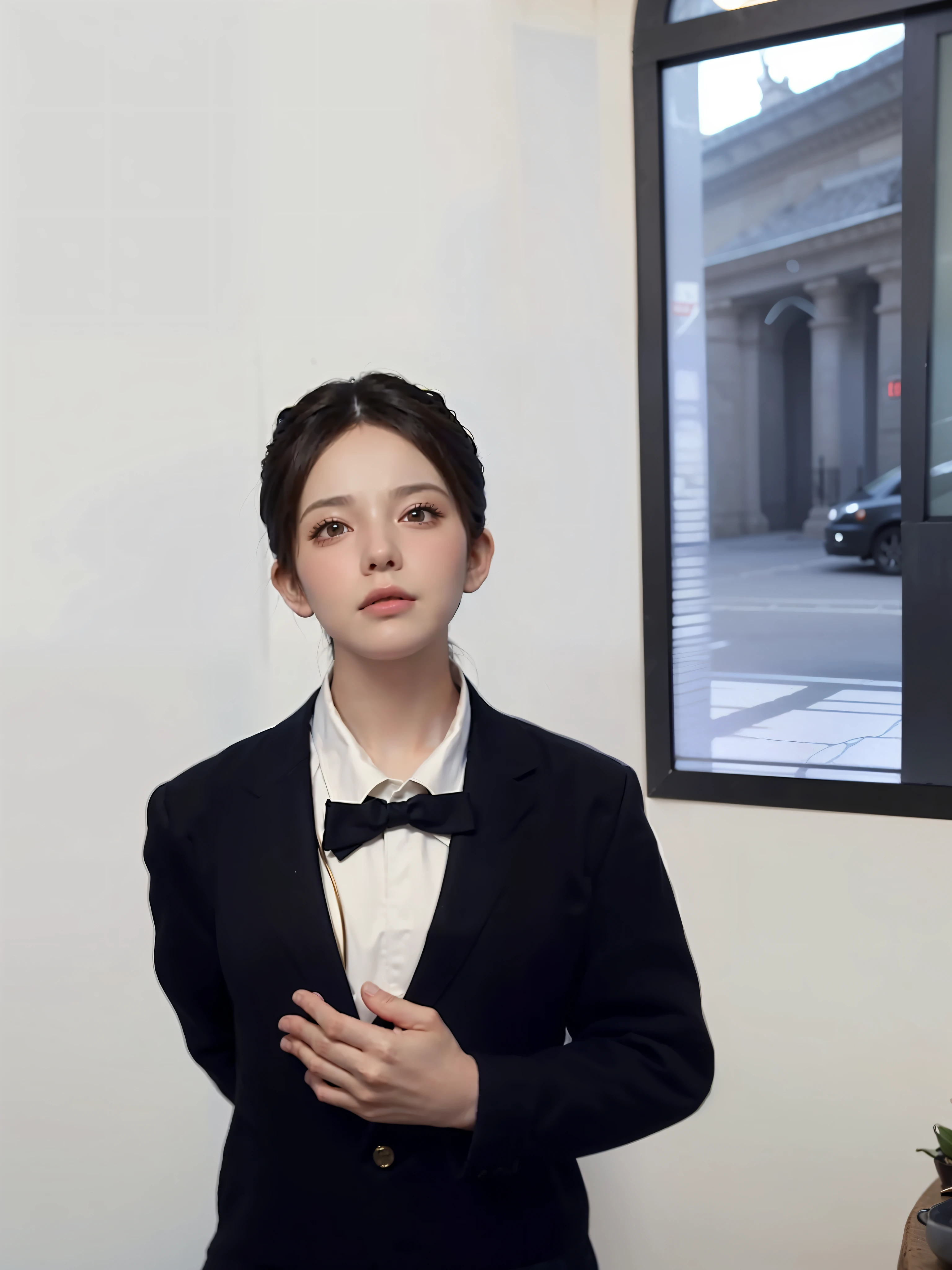 Hyperrealist portrait of female by david hockney and alphonse mucha,fantasy art, photo realistic, dynamic lighting, artstation, poster, volumetric lighting, very detailed faces, 4 k, award winning,, 1girl, in the dark, deep shadow, low key,cowboy shot,(official clothing:1.4) ,long hair,white hair,