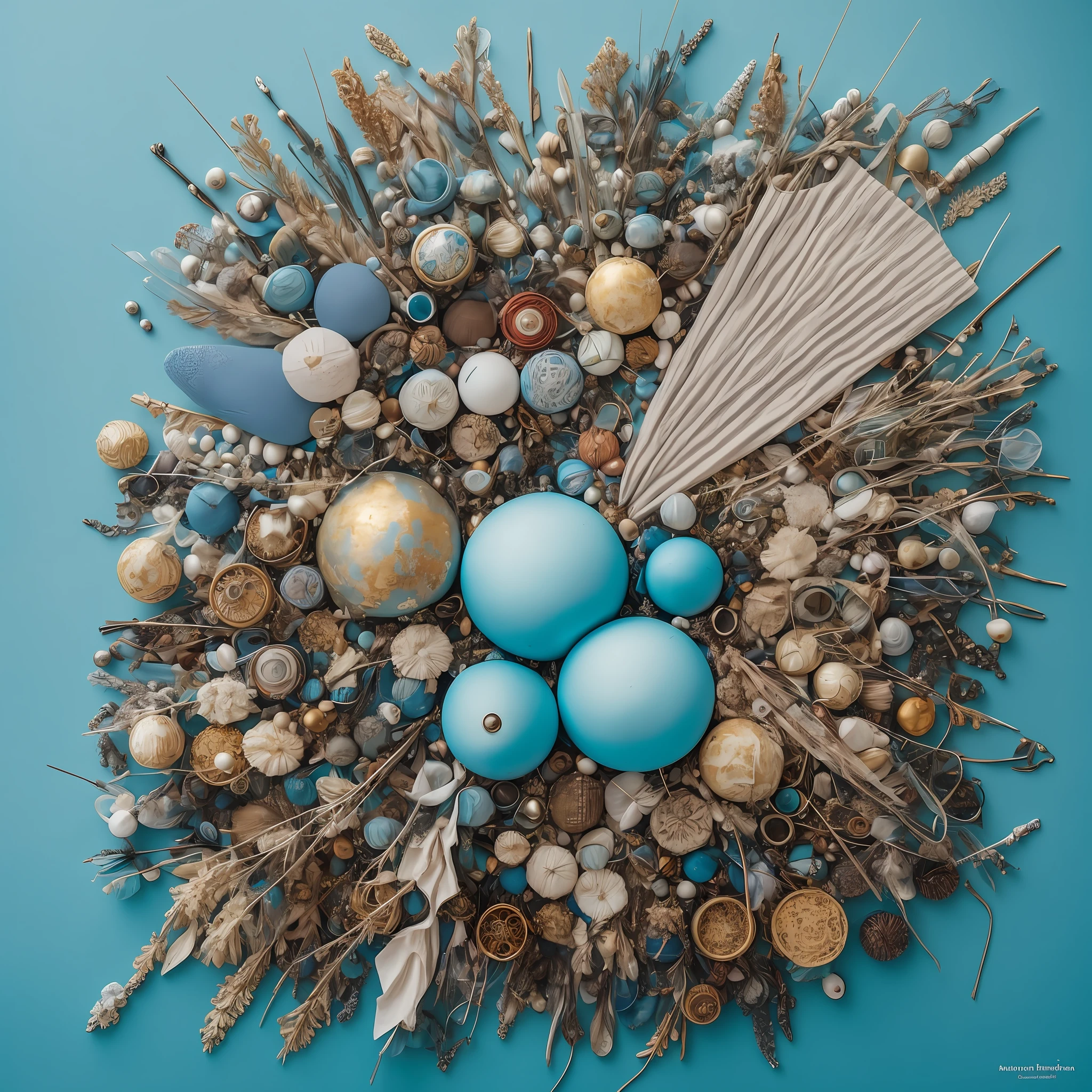 Art object, light blue and gold, Michael Creese, Steelpunk, Michael Hussar, white background, best quality, high quality, editorial photo, absurdists, masterpiece, intricate detail, film grain, intense red, fabrics, plush fabric, red face, barnacles, shells, barnacle sculptures, blue background, bodies, irregular, miscellaneous bodies covered with barnacles and fabric, single object, art object, one thing --auto --s2