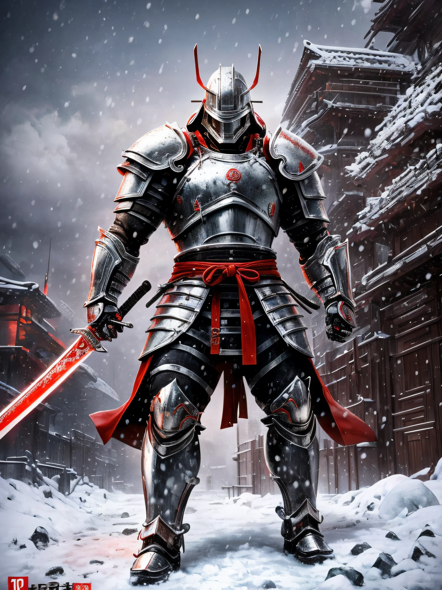 Full body shot of a man in samurai armor holding a giant sword in the snow, cyborg samurai, cyberpunk samurai, at dawn, inspired by Kanō Hōgai, inspired by Kanō Sansetsu, inspired by Ryūsei Kishida, japanese warrior, bio - mechanical ninja samurai, epic samurai warrior, colossal, cyborg ninja, inspired by Kanō Sanraku, cinematic, masterpiece, hd, photorealistic, giant and muscular, white and red armor, specular light, shintoism, by Mike Deodato, dark souls, final boss, movie poster