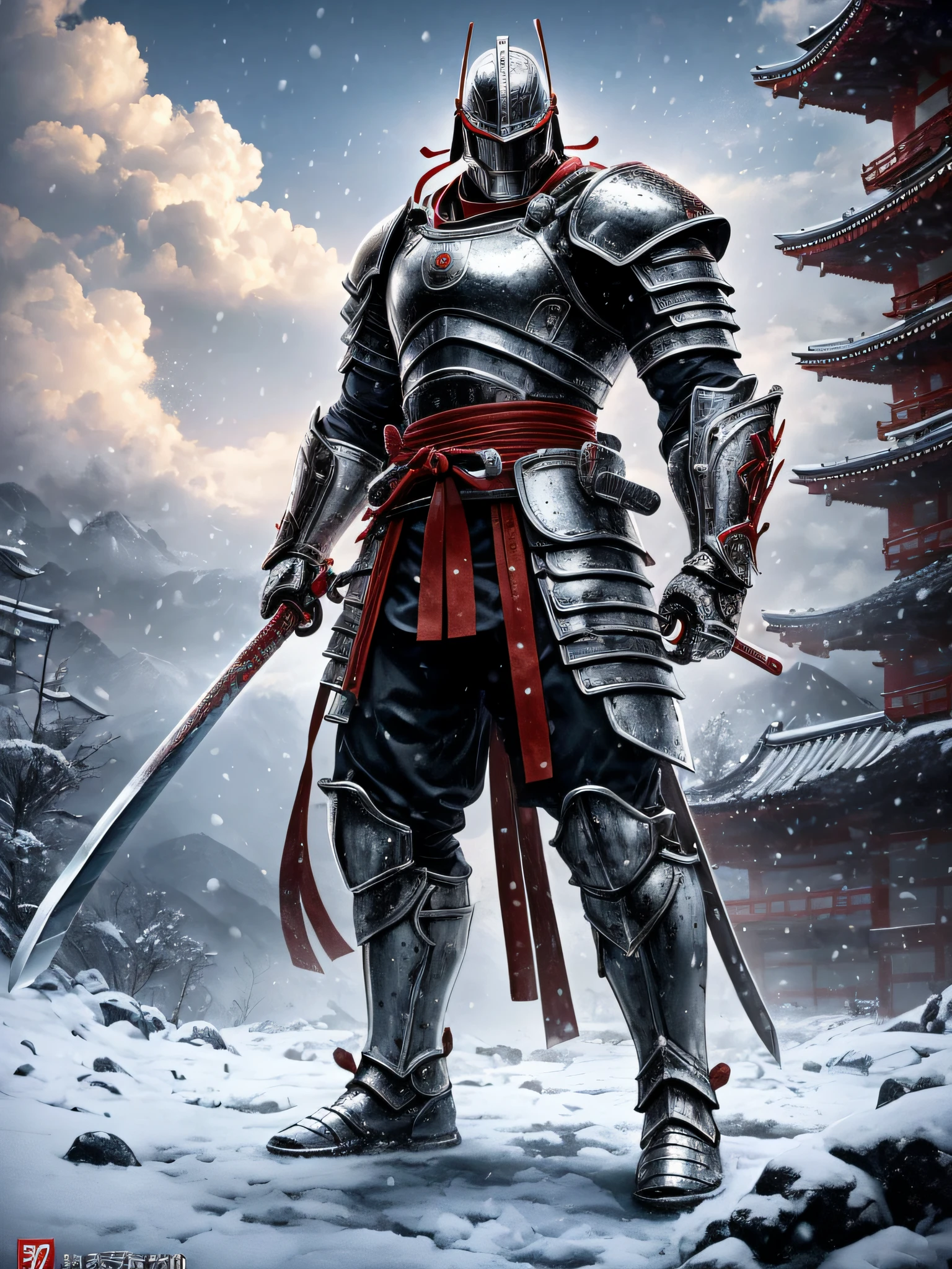 Full body shot of a man in samurai armor holding a giant sword in the snow, cyborg samurai, cyberpunk samurai, at dawn, inspired by Kanō Hōgai, inspired by Kanō Sansetsu, inspired by Ryūsei Kishida, japanese warrior, bio - mechanical ninja samurai, epic samurai warrior, colossal, cyborg ninja, inspired by Kanō Sanraku, cinematic, masterpiece, hd, photorealistic, giant and muscular, white and red armor, specular light, shintoism, by Mike Deodato, dark souls, final boss, movie poster