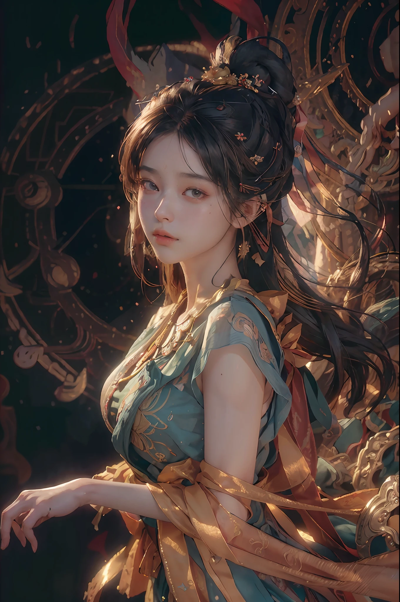 (RAW photo, best quality), (realistic, photo-realistic:1.3),best quality,highly detailed,masterpiece,ultra-detailed,illustration,1girl,upper_body,dynamic angle,world masterpiece theater,messy_long_hair,best quality,extremely detailed CG unity 8k wallpaper,ink,Amazing,cinematic lighting,lens_flare, dunhuang_style