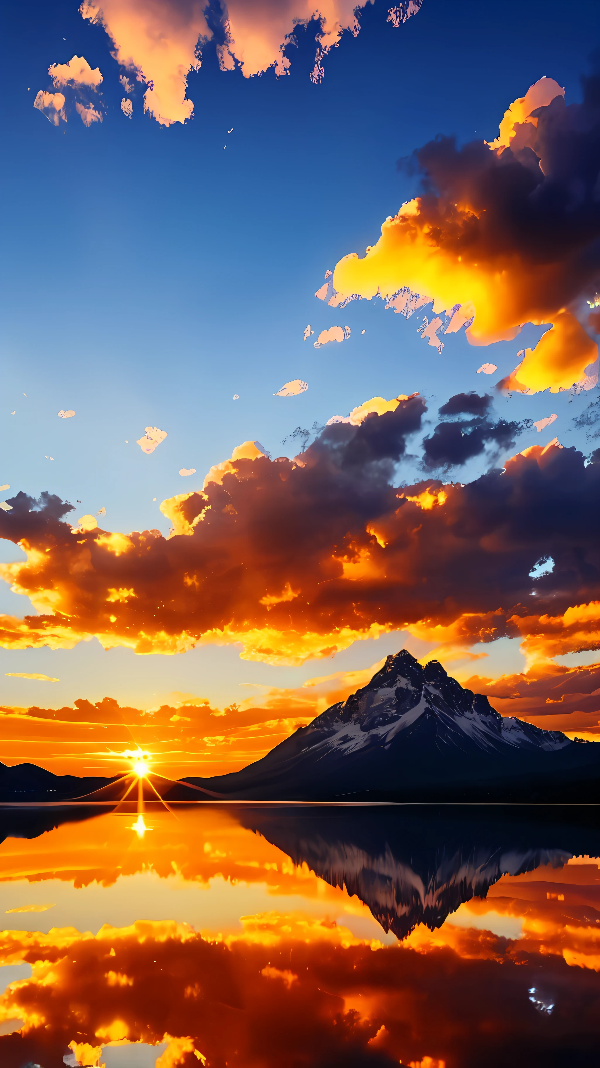 A beautiful sunset, several clouds forming a heart-shaped shape (1.4), clouds reflected by the light of the setting sun, lake reflecting light, evening, spectacular sunset, hyper-realistic, the sun is about to set behind the mountain, CG, ultra-high resolution, extreme detail