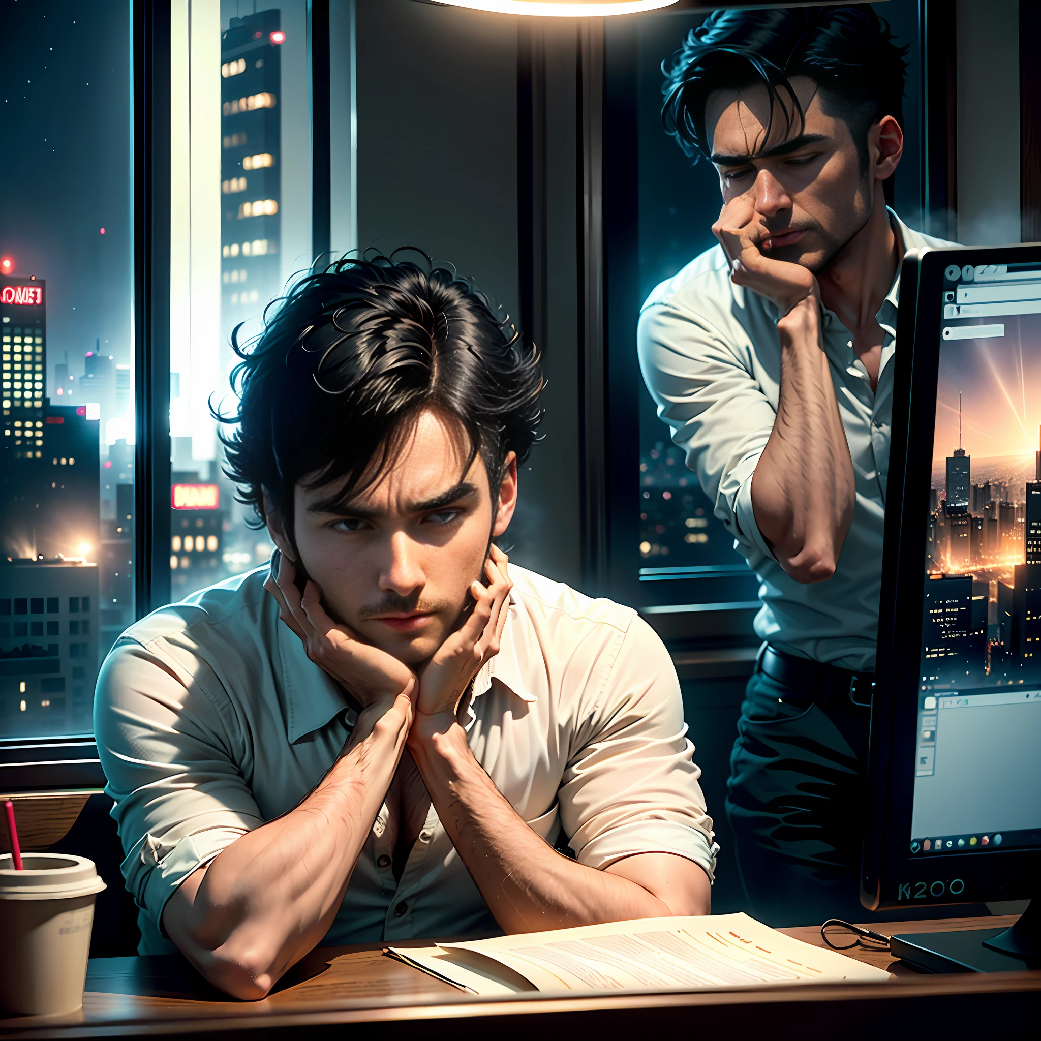 (extremely detailed high-definition CG illustration, first-rate masterpiece),(oppressive office, dim lighting, panoramic photo of a man sitting at a desk in front of the computer),(exhausted and tired, with messy short black hair, with both hands on his head pulling his hair as if desperate, with a steaming coffee next to him, close-up emphasizing his tiredness), (night view of the city through the window, zoom effect focusing on your face)