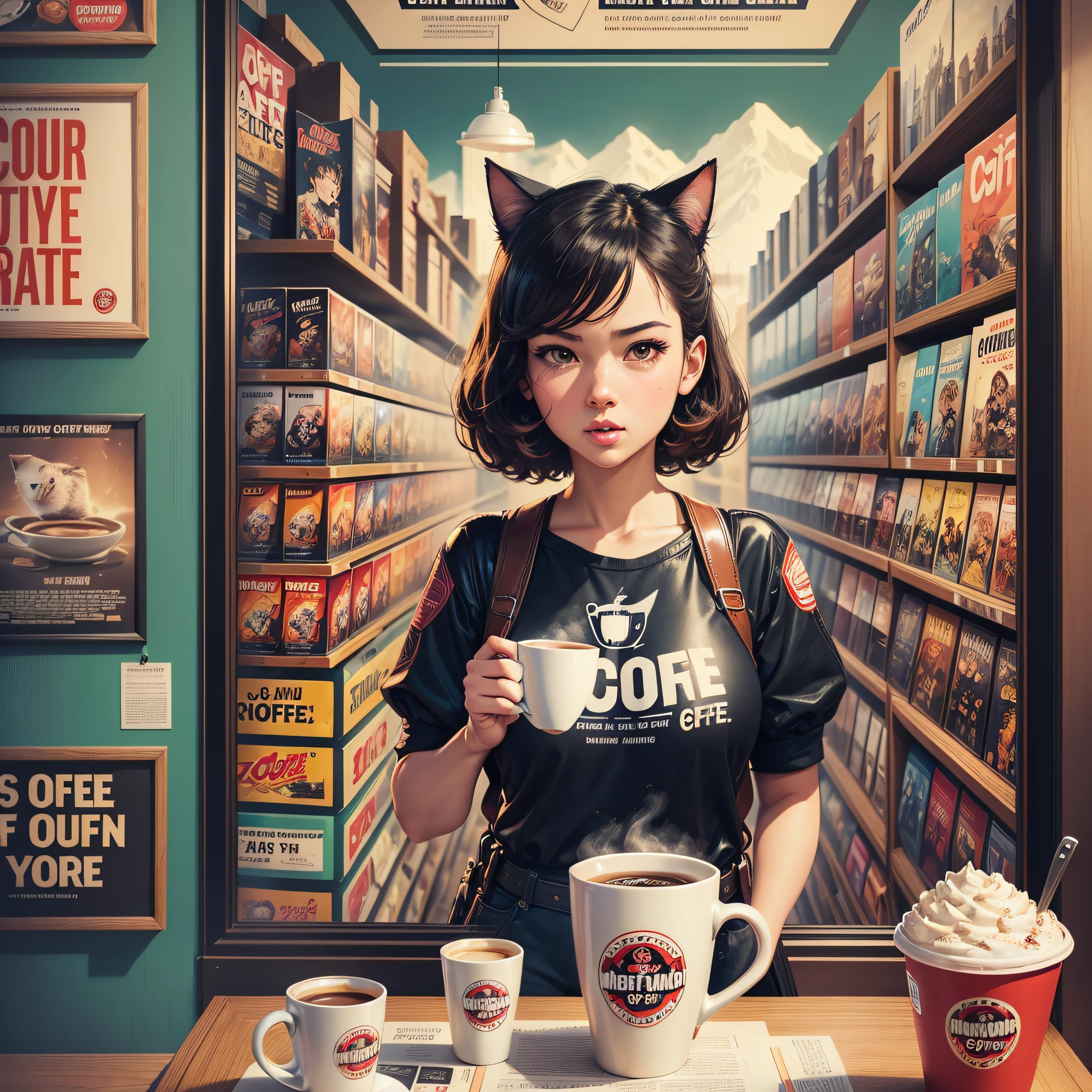 cup of coffee/poster/typography A highly detailed advertising poster, watch anime, pop art, typography, vintage paper, rule of thirds, trend in artstation, comic book store, coffee, girl, cat, without showing your hands --auto --s2