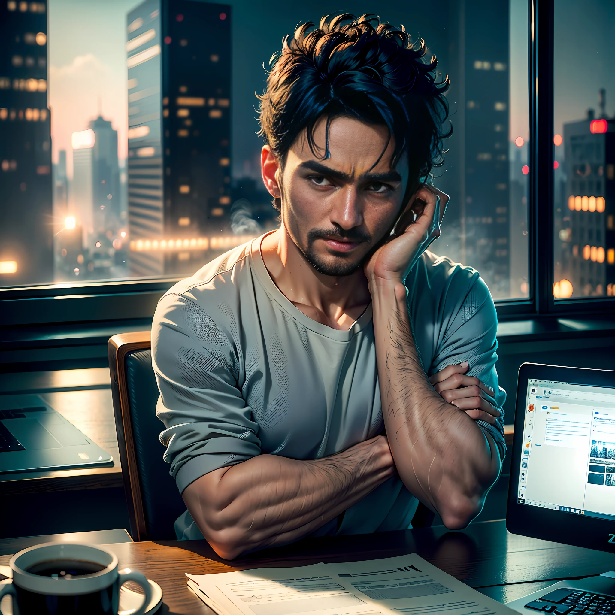 (extremely detailed high-definition CG illustration, first-rate masterpiece),(oppressive office, dim lighting, panoramic photo of a man sitting at a desk in front of the computer),(exhausted and tired, with messy short black hair, with both hands on his head pulling his hair as if desperate, with a steaming coffee next to him, close-up emphasizing his tiredness), (night view of the city through the window, zoom effect focusing on your face)