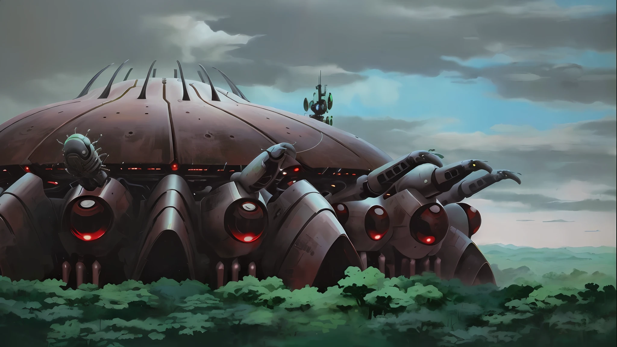 there are many robots that are standing in the grass, huge ladybug mothership, huge ladybug motherships, screenshot from guro anime, giger and jacek yerka, alien forest in background, depicted as a scifi scene, alien mothership, alien hive, akira toriyama studio ghibli, alphonse musha, dreambotmothership, guyver style