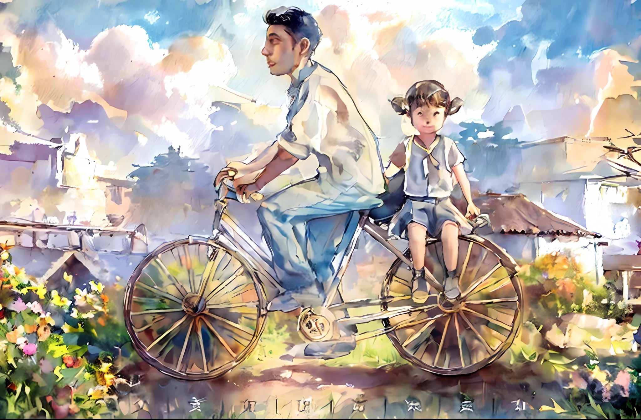 On the road, the sky has clouds, there is sun, and it is warm