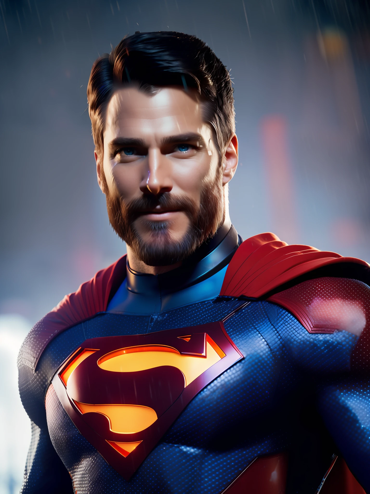 Christopher Reeve as Superman award-winning photo of a man, Blue and red superhero suit, square jawline, big beard, asymmetric face, in rain, smiling, red eyes, purple light, 80mm, bokeh, mass effect, close up, fking_cinema_v2, 8k, cinematic