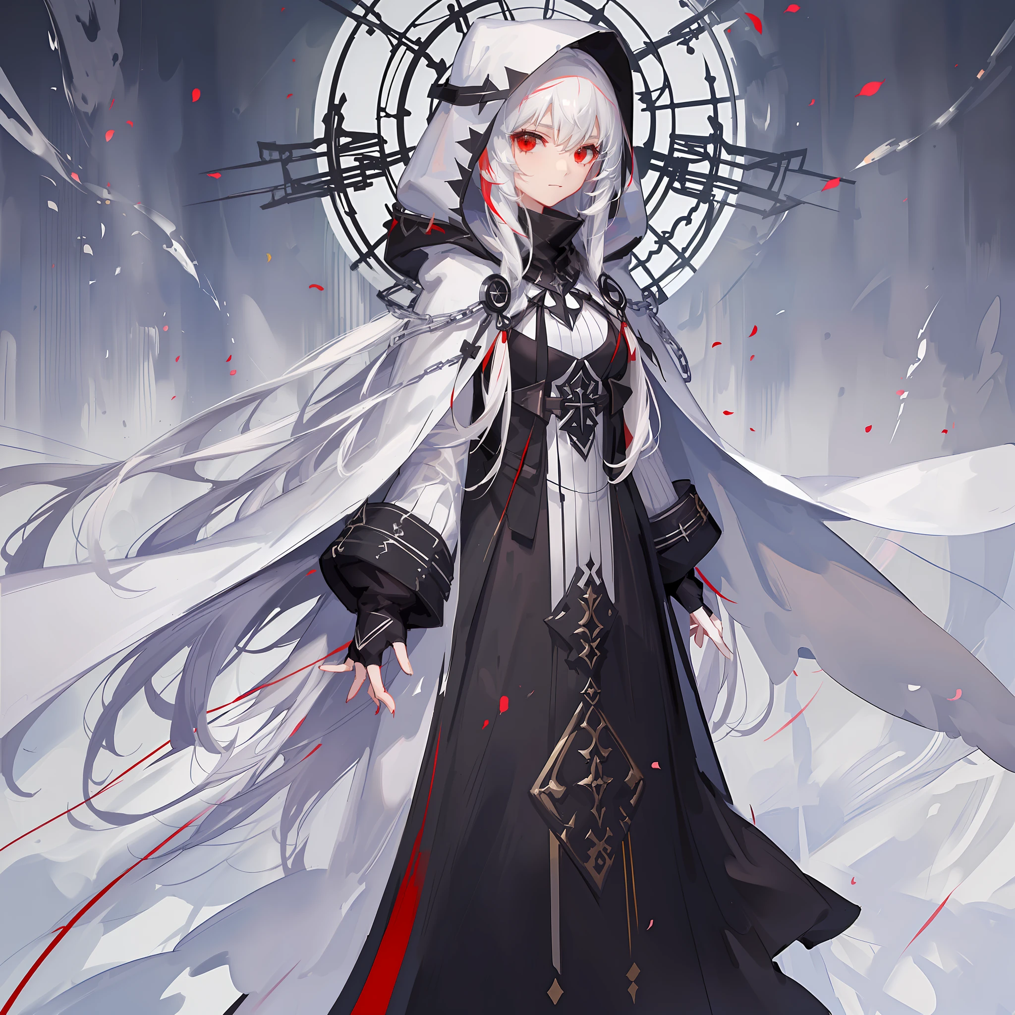 Maiden, white stockings, round red thread striped road black robe, hood, cape, red eyes, long white hair, faint smile, standing posture, full body, mage, holy girl