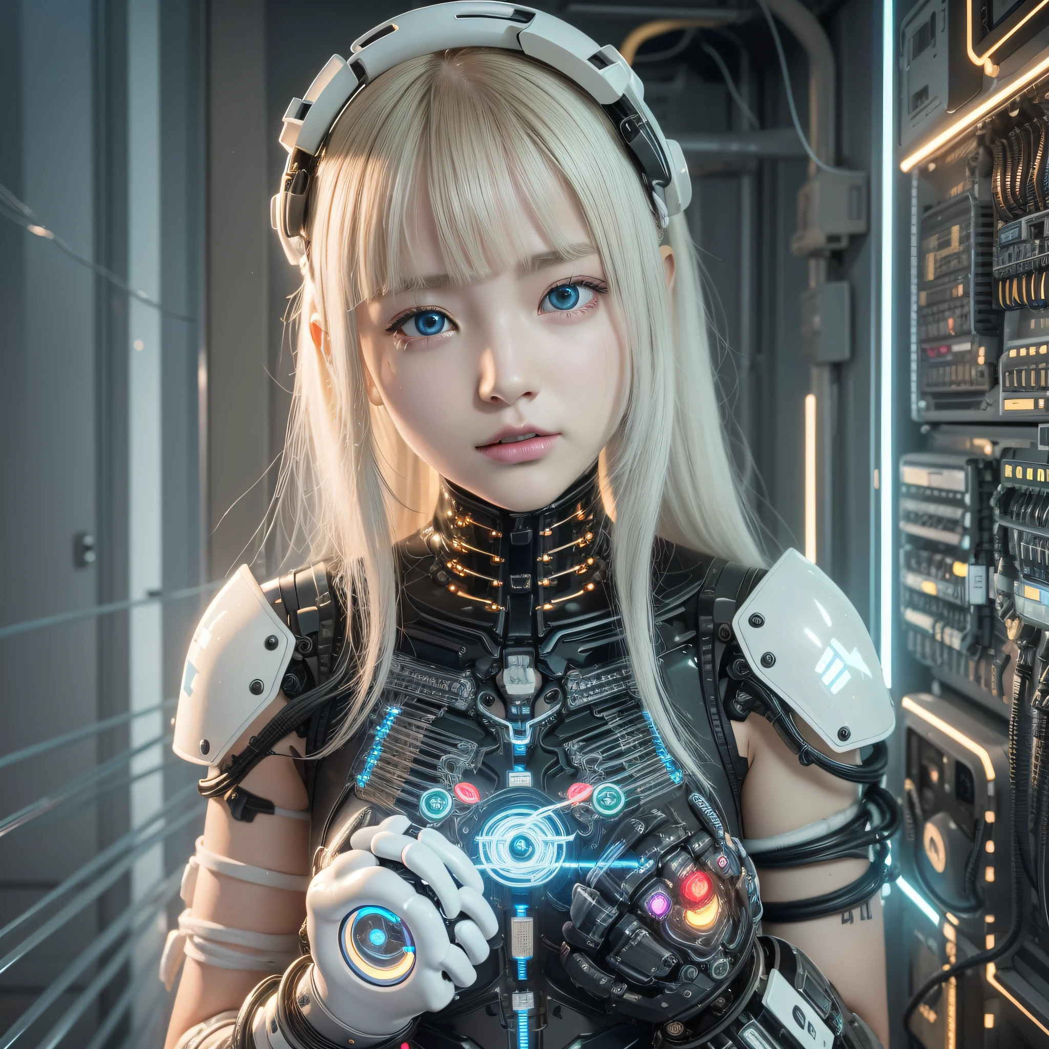 Wears complex bioluminescent mechanical cyborg armor made of 1mechanical_girl (old plastic in white beige), ((Ultra-realistic details)), detailed_face, global_illumination, shadow, octane_render, 8k, ultra_sharp, metal, ornaments_ detailed、cold_colors、egypician_detail、highly_intricate_details、realistic_light、trending_on_cgsociety、glowing_eyes、facing_camera、neon_details、machanical_limbs、blood_ vessels_connected_to_tubes ((lot_wires_and_cables_connecting_to_head_and_body)), killing_machine, extremely_sexy, lust,,whole body,