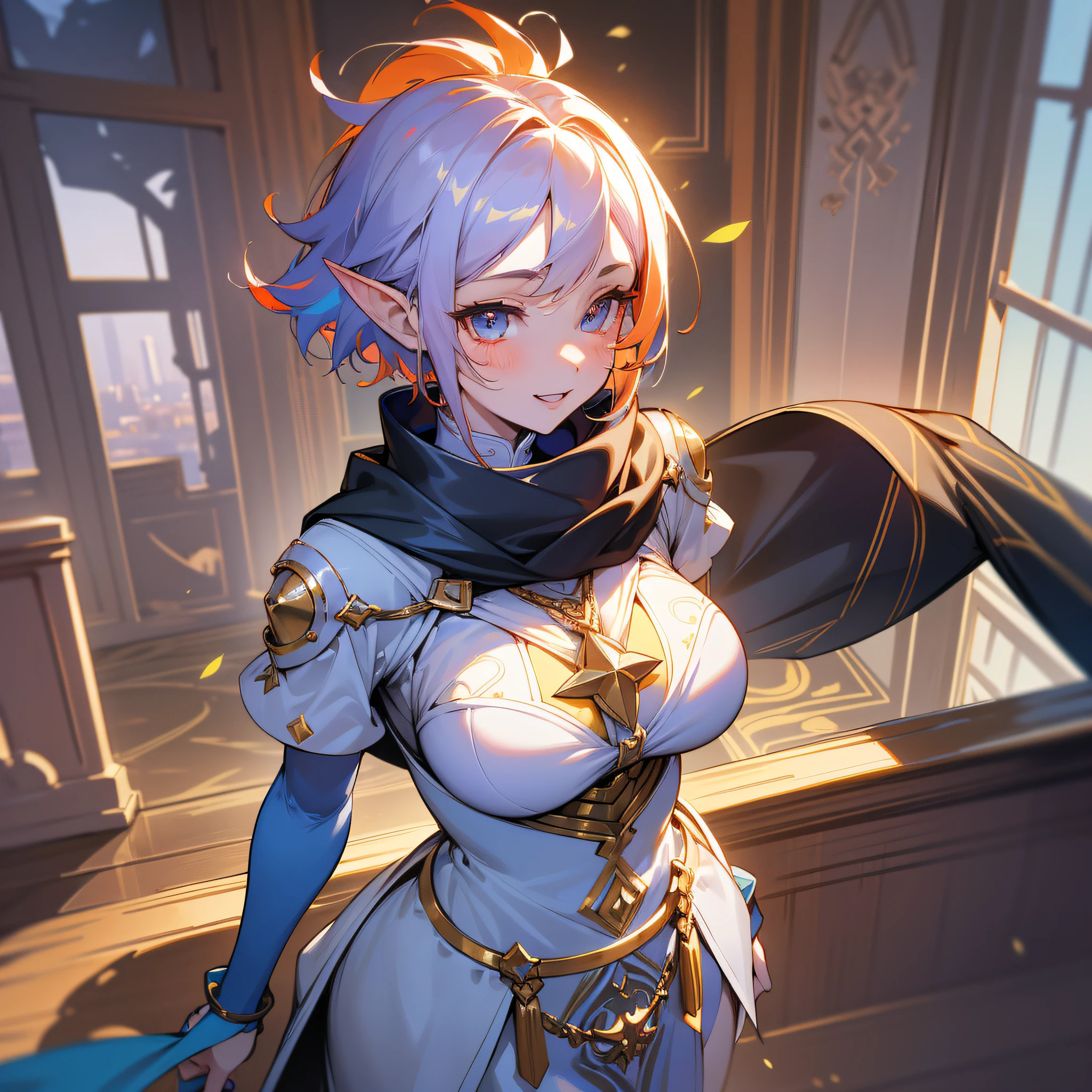 (absurdres absolutely resolution:1.2),texture, official art, ultra detailed, unity 8k wallpaper, 1girl BREAK widescreen format, panoramic compositions, sweeping landscapes, cinematic visuals, immersive storytelling, dramatic scope from behind, aerial view beautiful detailed eyes, cute face, cool , (pale skin:1.3), beautiful [violet:gold:0.3] eyes, , two-tone hair, indigo blue and orange hair cute, short hair,spiked hair parted bangs bed head, looking at viewer, semi realistic, depth of field, first-rate female bodies perfect body beautiful medium breasts wide hips, noon, luminous effect lens flare lotion shiny-glistening cute girl solo elven dress, leaf-patterned cloak, leather boots, hands own chest, warm comfy happy expression, joyful, delighted, cheerful naughty face and happy, seductive smile,