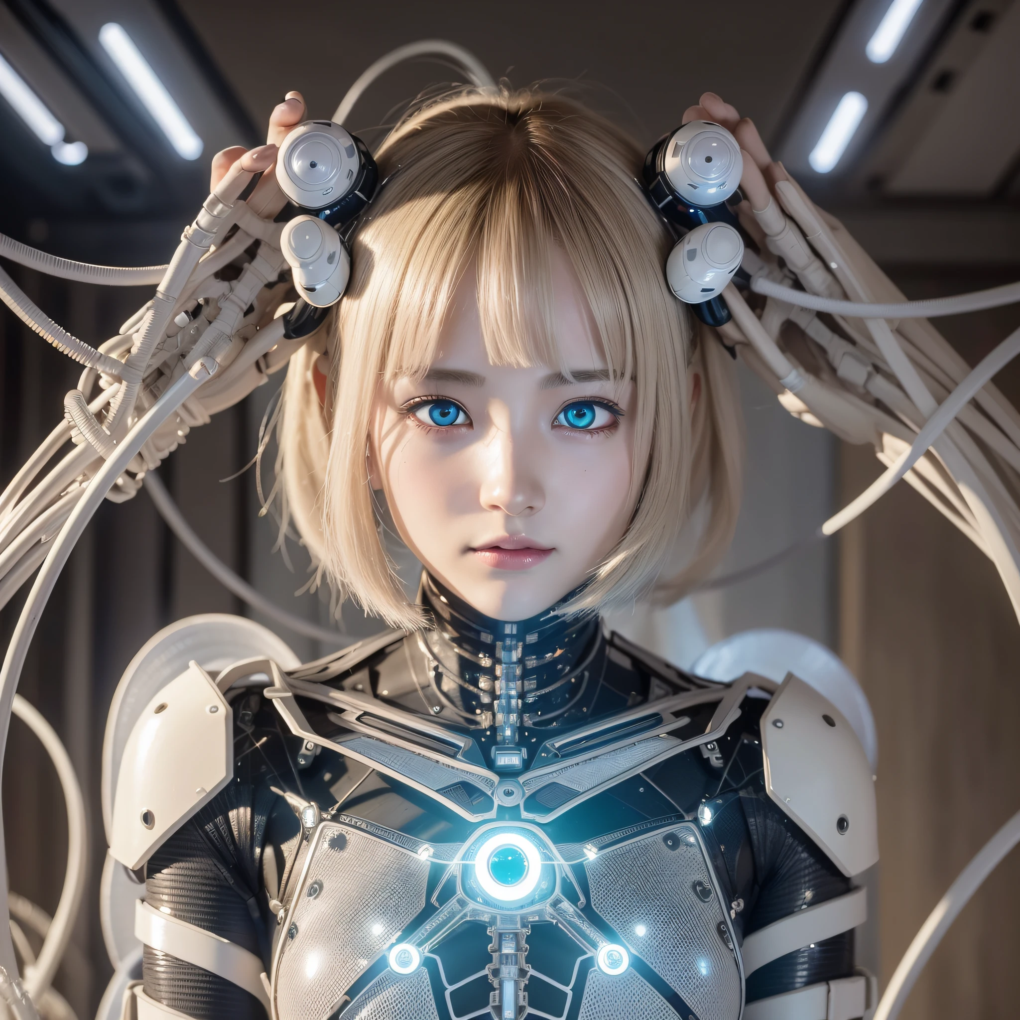 Wears complex bioluminescent mechanical cyborg armor made of 1mechanical_girl (old plastic in white beige), ((Ultra-realistic details)), detailed_face, global_illumination, shadow, octane_render, 8k, ultra_sharp, metal, ornaments_ detailed、cold_colors、egypician_detail、highly_intricate_details、realistic_light、trending_on_cgsociety、glowing_eyes、facing_camera、neon_details、machanical_limbs、blood_ vessels_connected_to_tubes ((lot_wires_and_cables_connecting_to_head_and_body)), killing_machine, extremely_sexy, lust,,whole body,