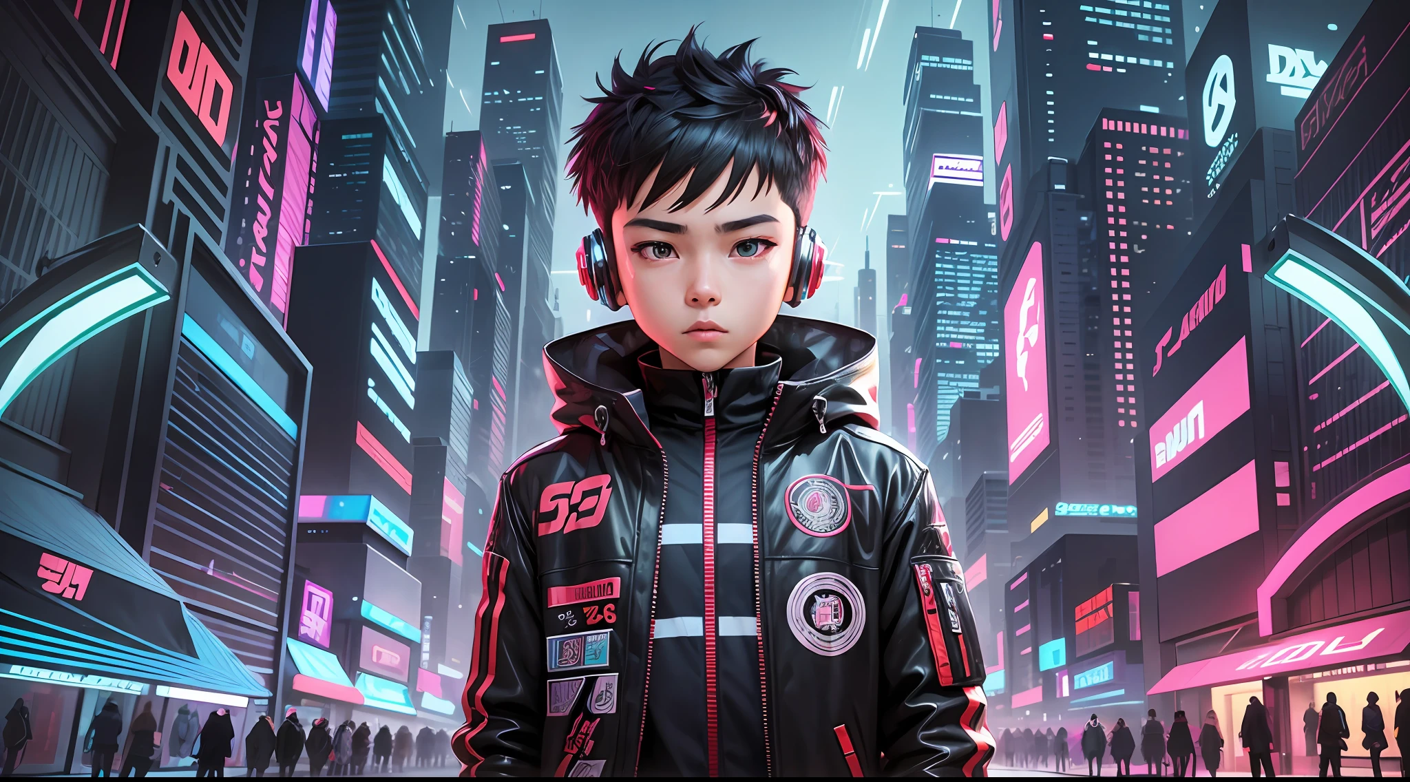 Draw a cool ??? wearing anime jacket in a futuristic city, listening to his favorite music and conveying his emotion, ultra-detailed details, vibrant light, bold geometries, stunning textures, use red colors --auto --s2