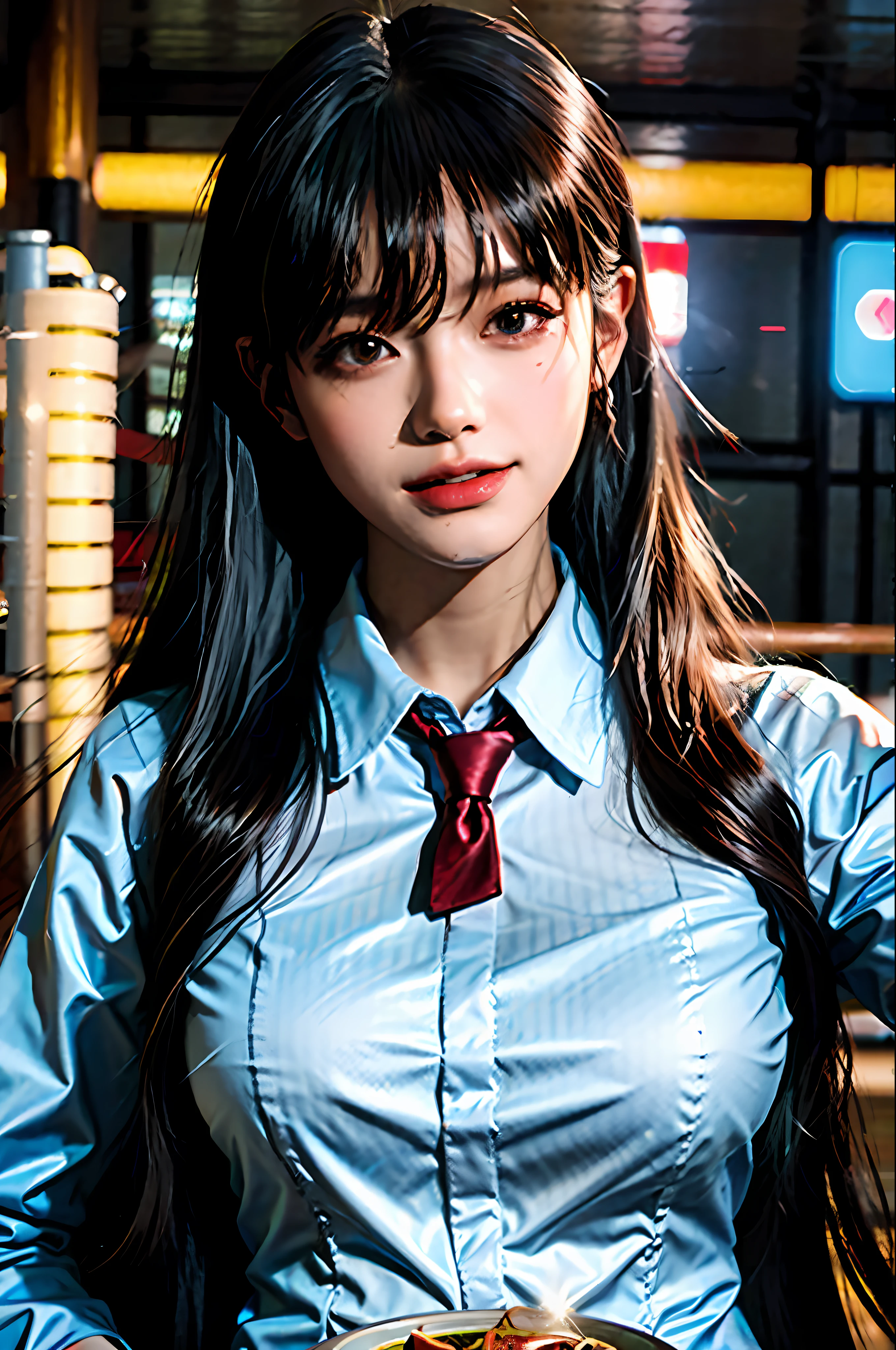 (masterpiece), best quality, ultra high res, close up, slim body, 1girl,school uniform, long hair, laughing, ramen, night, Tokyo restaurant background, colorful lights, photon mapping, radiosity, physically-based rendering, cinematic lighting, intricate, High Detail, Sharp focus, dramatic, photorealistic