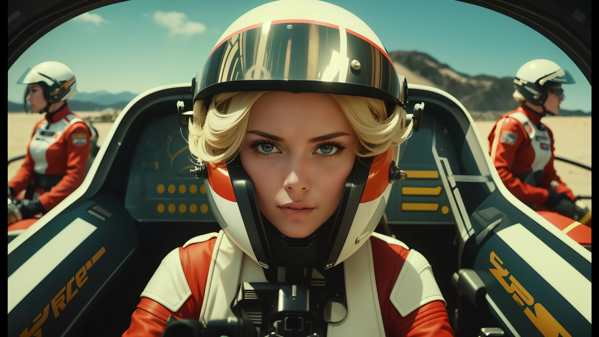 a close up of a woman in a helmet and a helmet on, 2 0 2 1 cinematic 4 k framegrab, barbarella, by Anna Katharina Block, fighter pilot in the cockpit, moody : : wes anderson, retro photography, furious gorgeous woman, sixties, faster, awarded on cgsociety, pompadour, nascar, 2015 cinematography