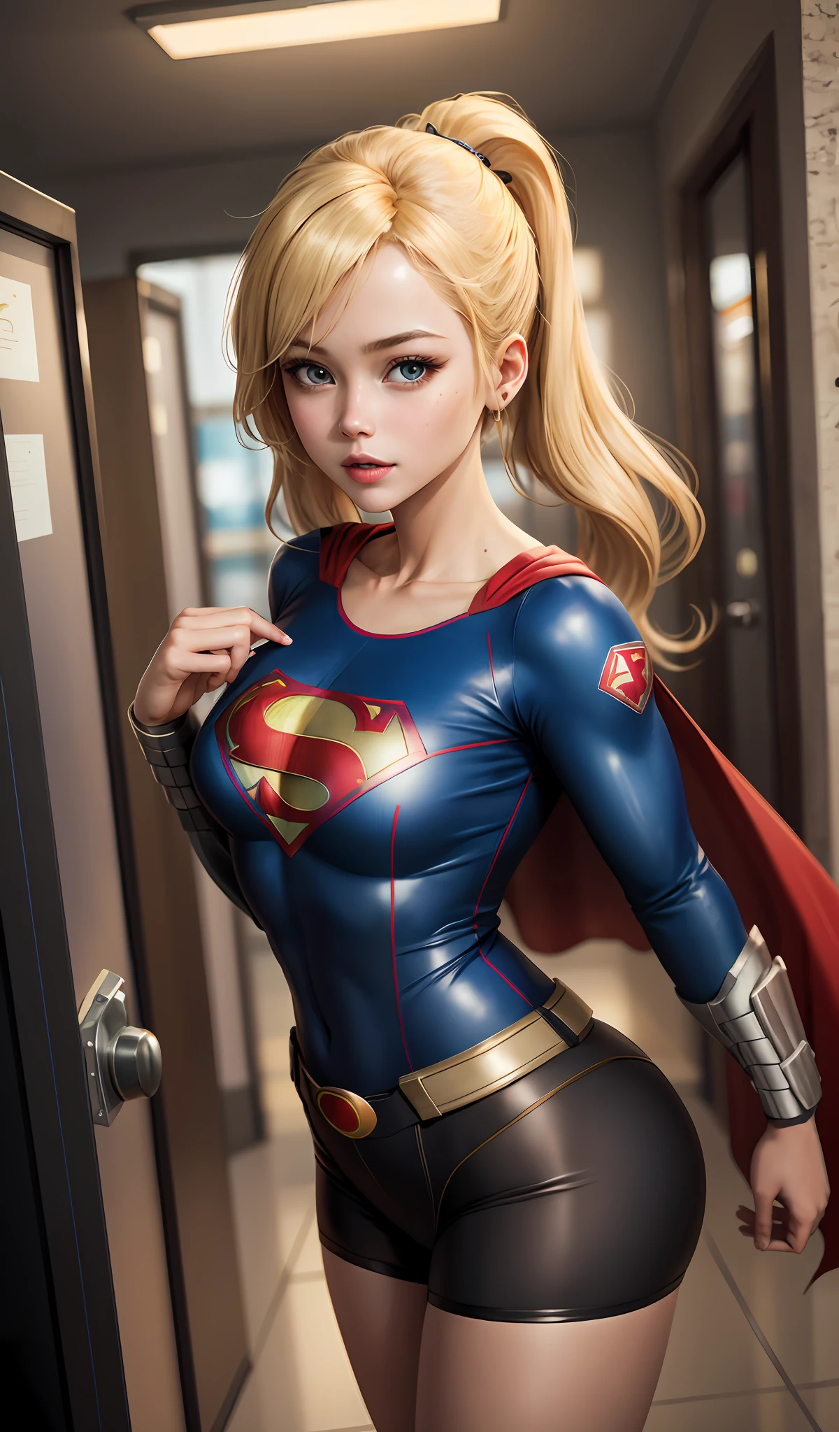 4k, realistic, charismatic, very detailed, there is a girl in heaven, wearing super girl costume, she is super girl, super hero theme, blonde hair, 25 years old, full body