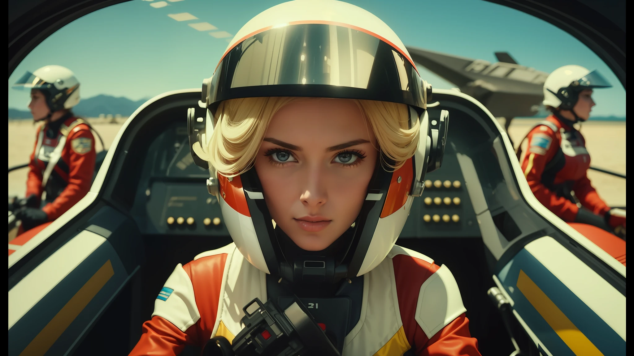 a close up of a woman in a helmet and a helmet on, 2 0 2 1 cinematic 4 k framegrab, barbarella, by Anna Katharina Block, fighter pilot in the cockpit, moody : : wes anderson, retro photography, furious gorgeous woman, sixties, faster, awarded on cgsociety, pompadour, nascar, 2015 cinematography