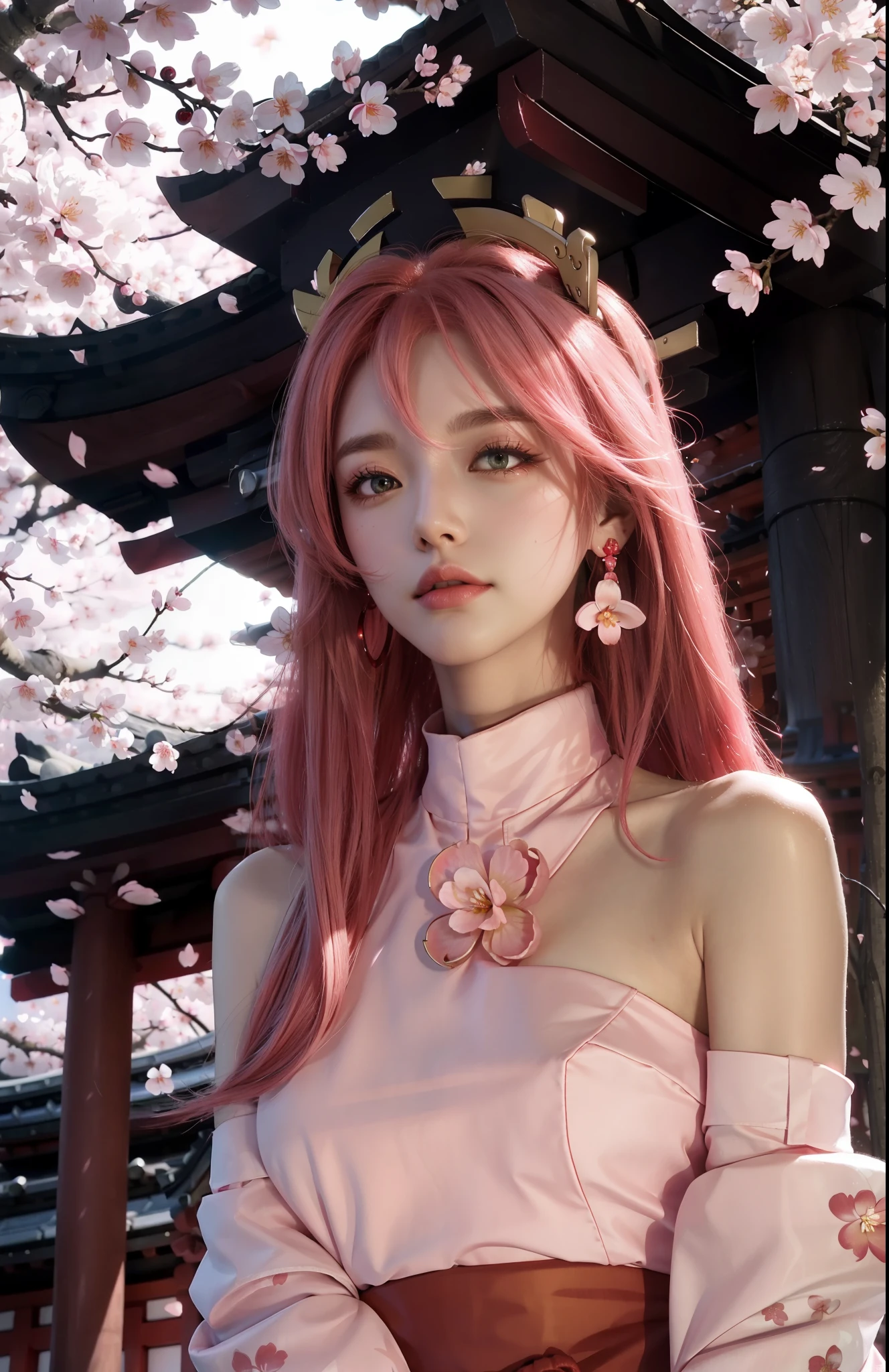 (Masterpiece, Superb Style, 1Girl, Solo, Intricate Details, Color Aberration), Realism, ((Medium Breath)), Bare Shoulders, Long Pink Hair, Red Headgear, Red Highlight, Hair Above One Eye, Green Eyes, Earrings, Sharp Eyes, Perfect Symmetrical Figure, Choker, Neon Shirt, Open Jacket, Turtleneck, Against Wall, Brick Wall, Graffiti, Dim Lighting, Alley, Looking at the Audience, ((Mean, Seductive, Glamorous)), (((Cherry Blossom Background))), (( Japanese temple background))), (((luminous background)))